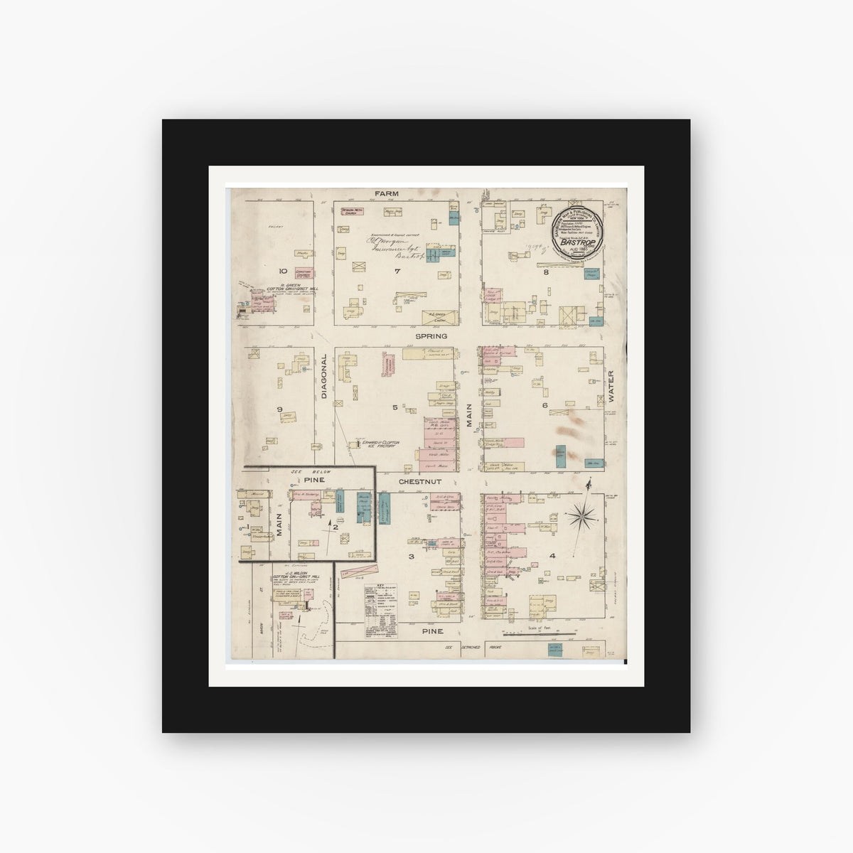 Old map wall art mockup — black gallery frame with white mat — Sanborn Fire Insurance Map from Bastrop, Bastrop County, Texas (1885), Sheet #0001