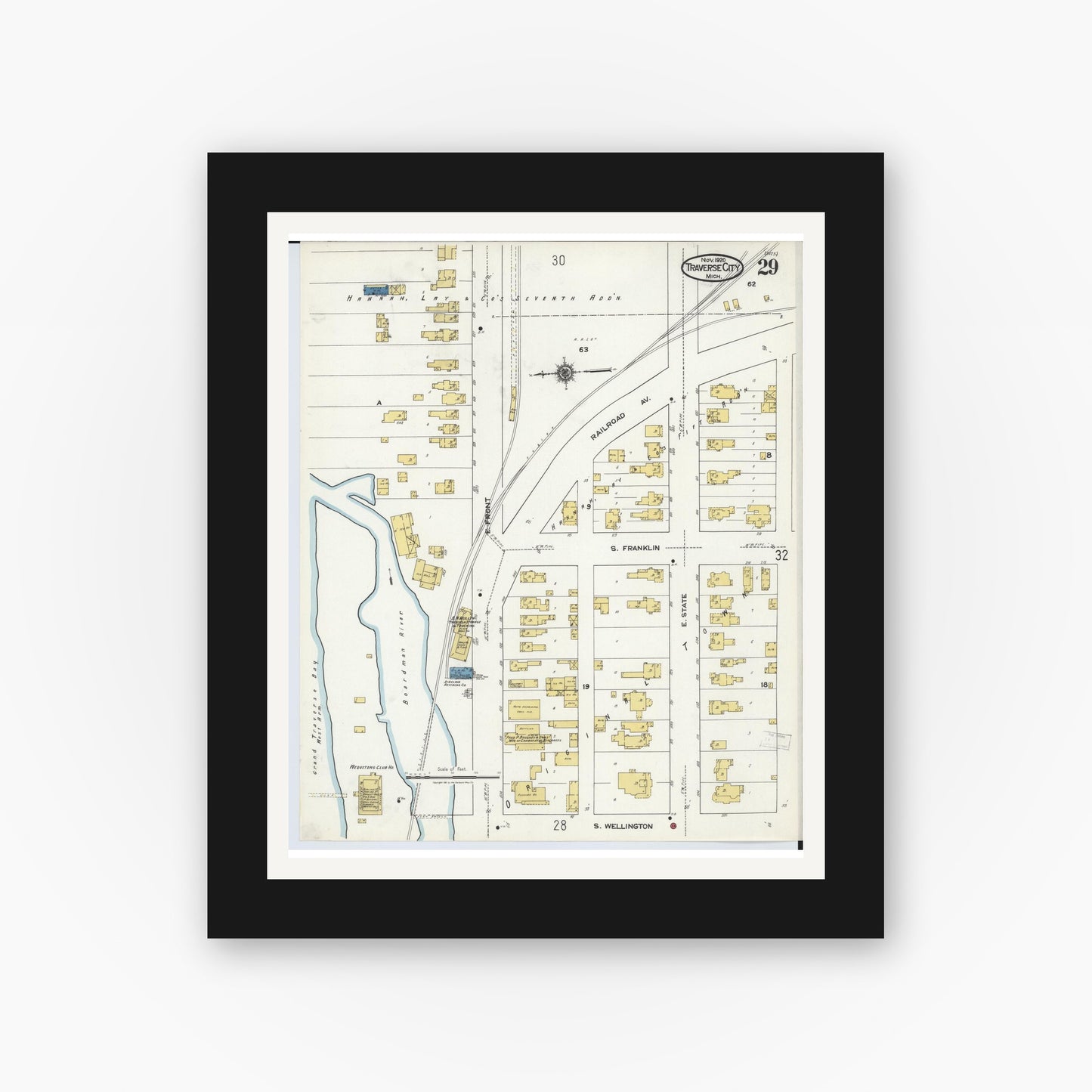 Old map wall art mockup — black gallery frame with white mat — Sanborn Fire Insurance Map from Traverse City, Grand Traverse County, Michigan (1920), Sheet #0029