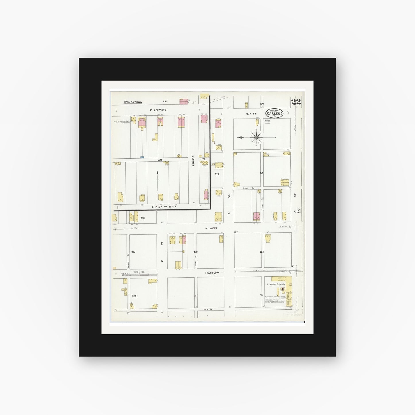 Old map wall art mockup — black gallery frame with white mat — Sanborn Fire Insurance Map from Carlisle, Cumberland County, Pennsylvania (1909), Sheet #0022