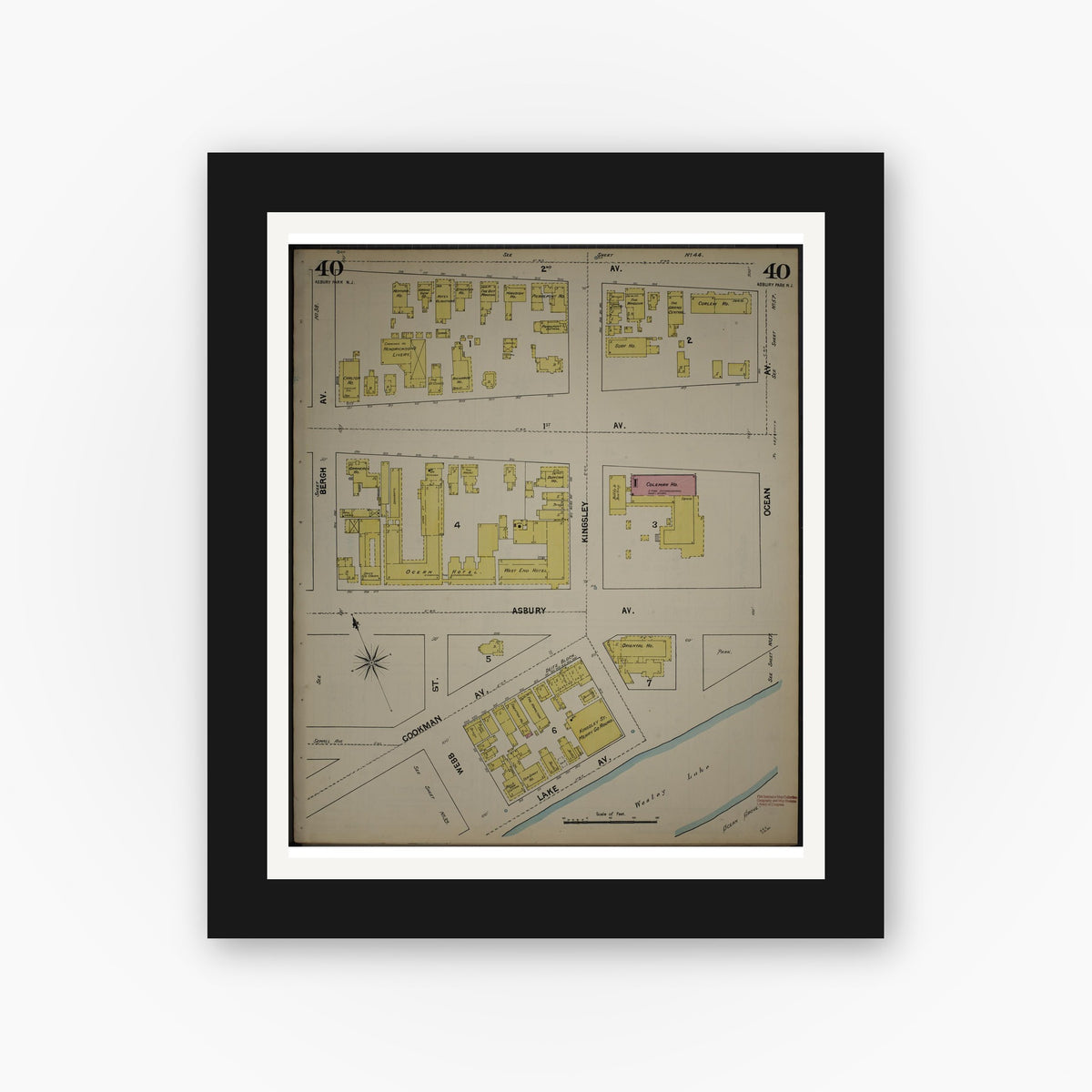 Old map wall art mockup — black gallery frame with white mat — Sanborn Fire Insurance Map from New Jersey Coast, New Jersey Coast, New Jersey (1890), Sheet #0040