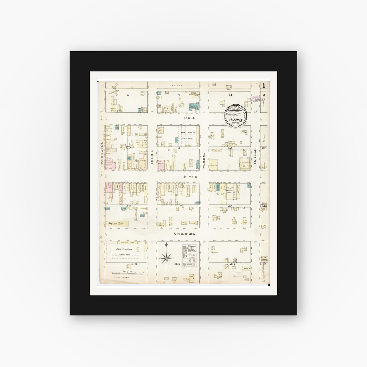 Old map wall art mockup — black gallery frame with white mat — Sanborn Fire Insurance Map from Algona, Kossuth County, Iowa (1885) — Complete Set