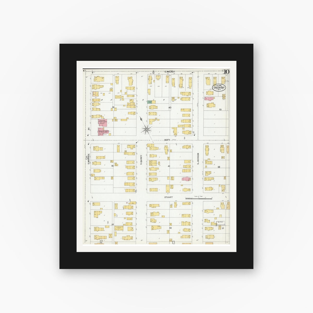 Old map wall art mockup — black gallery frame with white mat — Sanborn Fire Insurance Map from Green Bay, Brown County, Wisconsin (1900), Sheet #0010