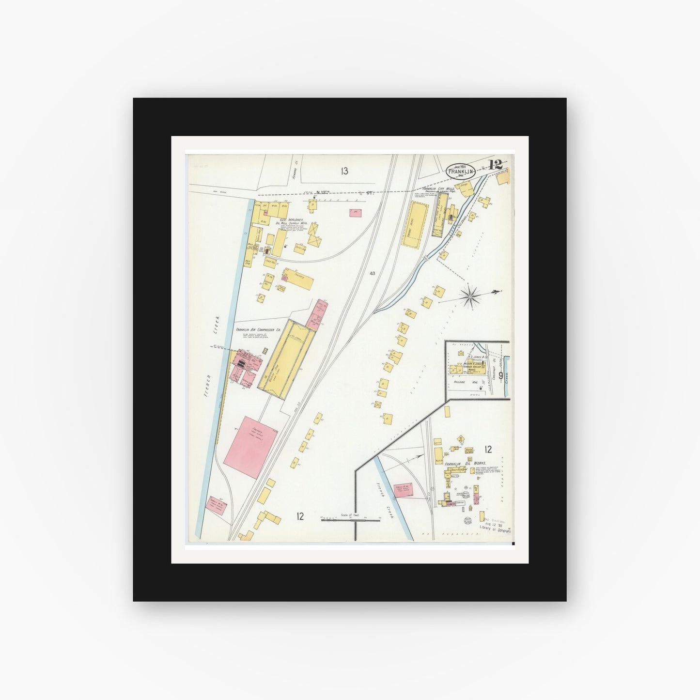 Old map wall art mockup — black gallery frame with white mat — Sanborn Fire Insurance Map from Franklin, Venango County, Pennsylvania (1901), Sheet #0012