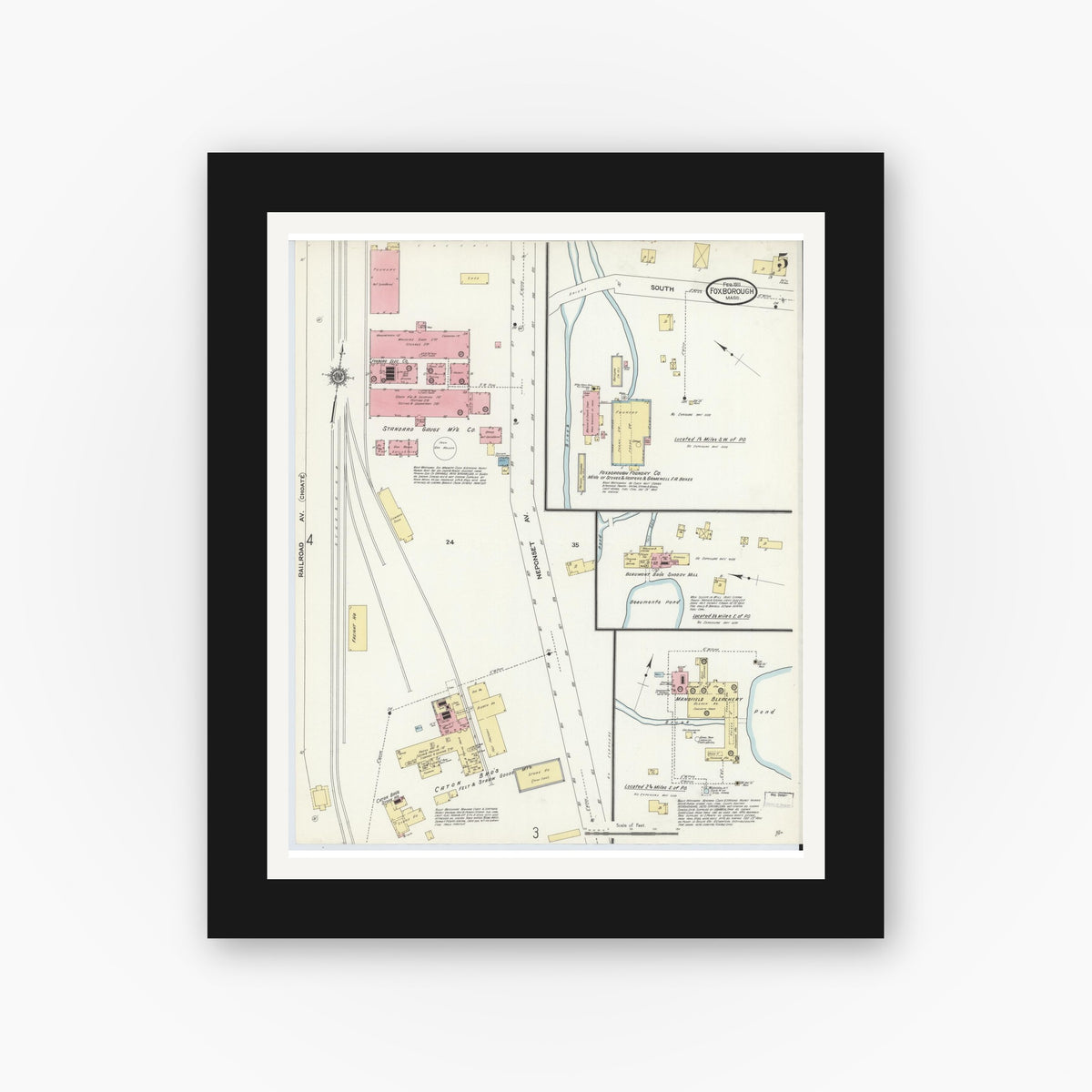 Old map wall art mockup — black gallery frame with white mat — Sanborn Fire Insurance Map from Foxboro, Norfolk County, Massachusetts (1911), Sheet #0005