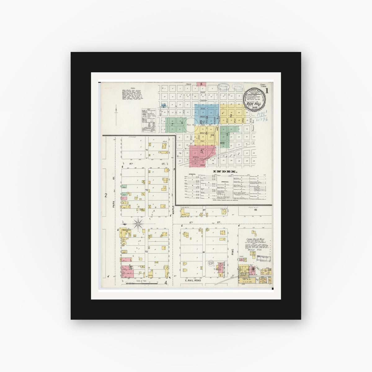 Old map wall art mockup — black gallery frame with white mat — Sanborn Fire Insurance Map from Rich Hill, Bates County, Missouri (1898) - Complete Map Set