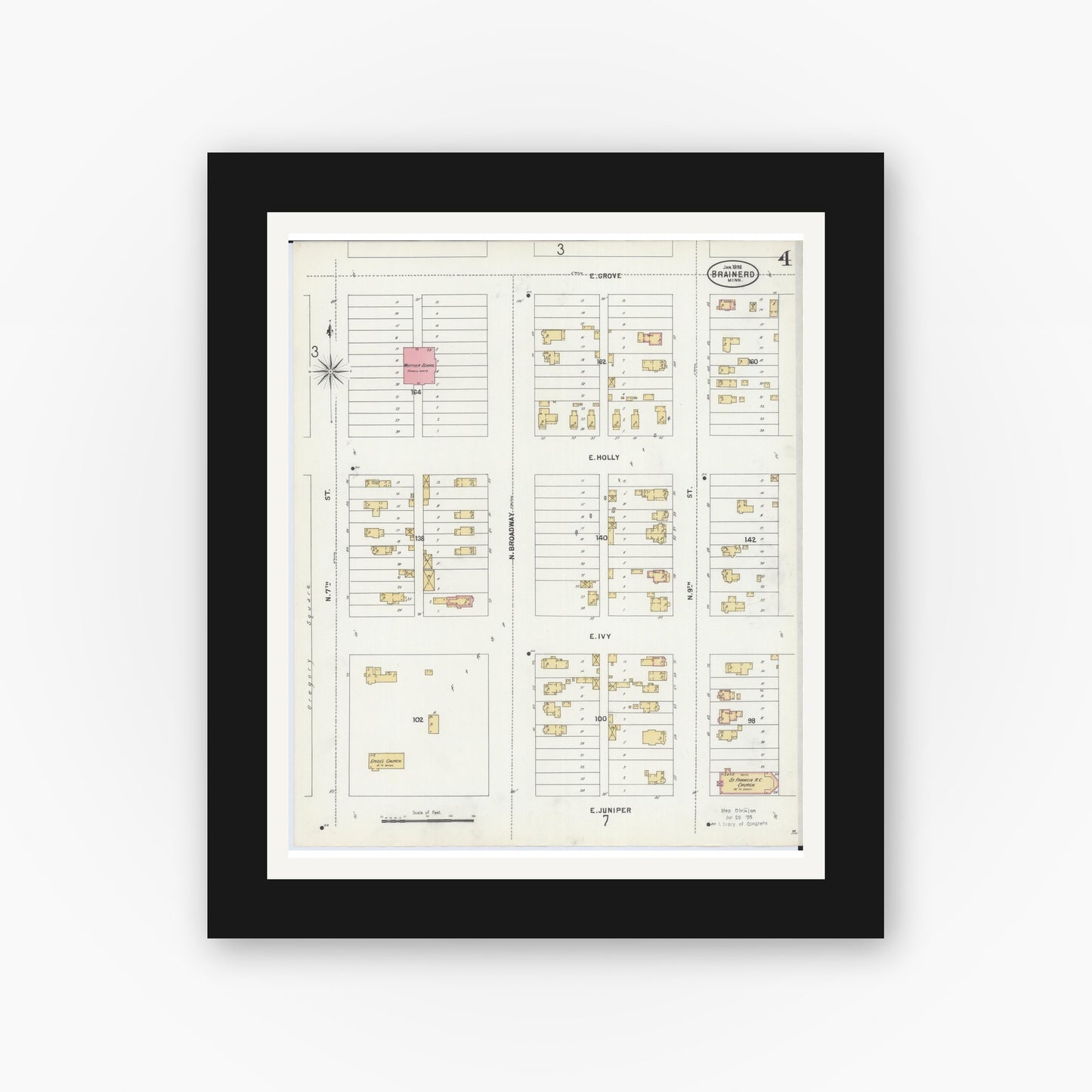Old map wall art mockup — black gallery frame with white mat — Sanborn Fire Insurance Map from Brainerd, Crow Wing County, Minnesota (1898), Sheet #0004