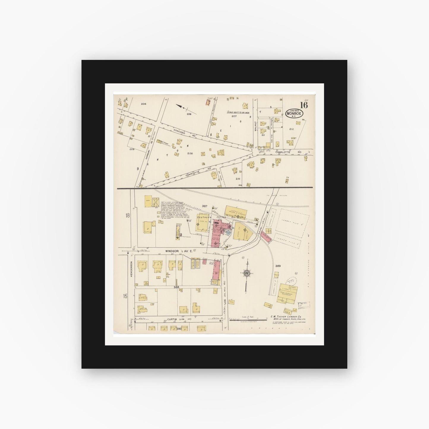 Old map wall art mockup — black gallery frame with white mat — Sanborn Fire Insurance Map from Monroe, Union County, North Carolina (1922), Sheet #0016