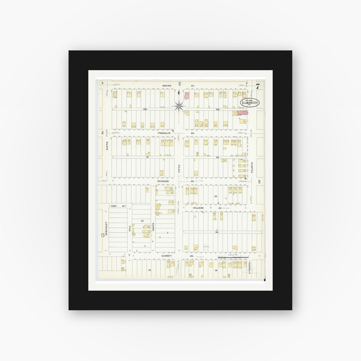 Old map wall art mockup — black gallery frame with white mat — Sanborn Fire Insurance Map from Ellwood City, Lawrence County, Pennsylvania (1908), Sheet #0007
