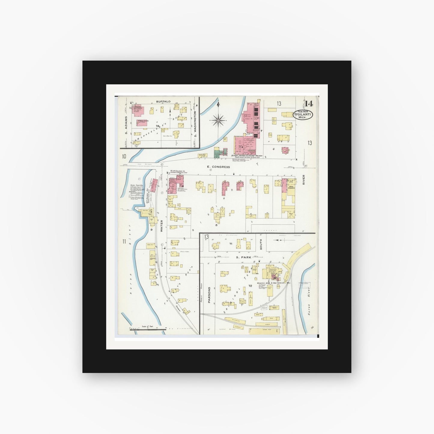 Old map wall art mockup — black gallery frame with white mat — Sanborn Fire Insurance Map from Ypsilanti, Washtenaw County, Michigan (1909), Sheet #0014