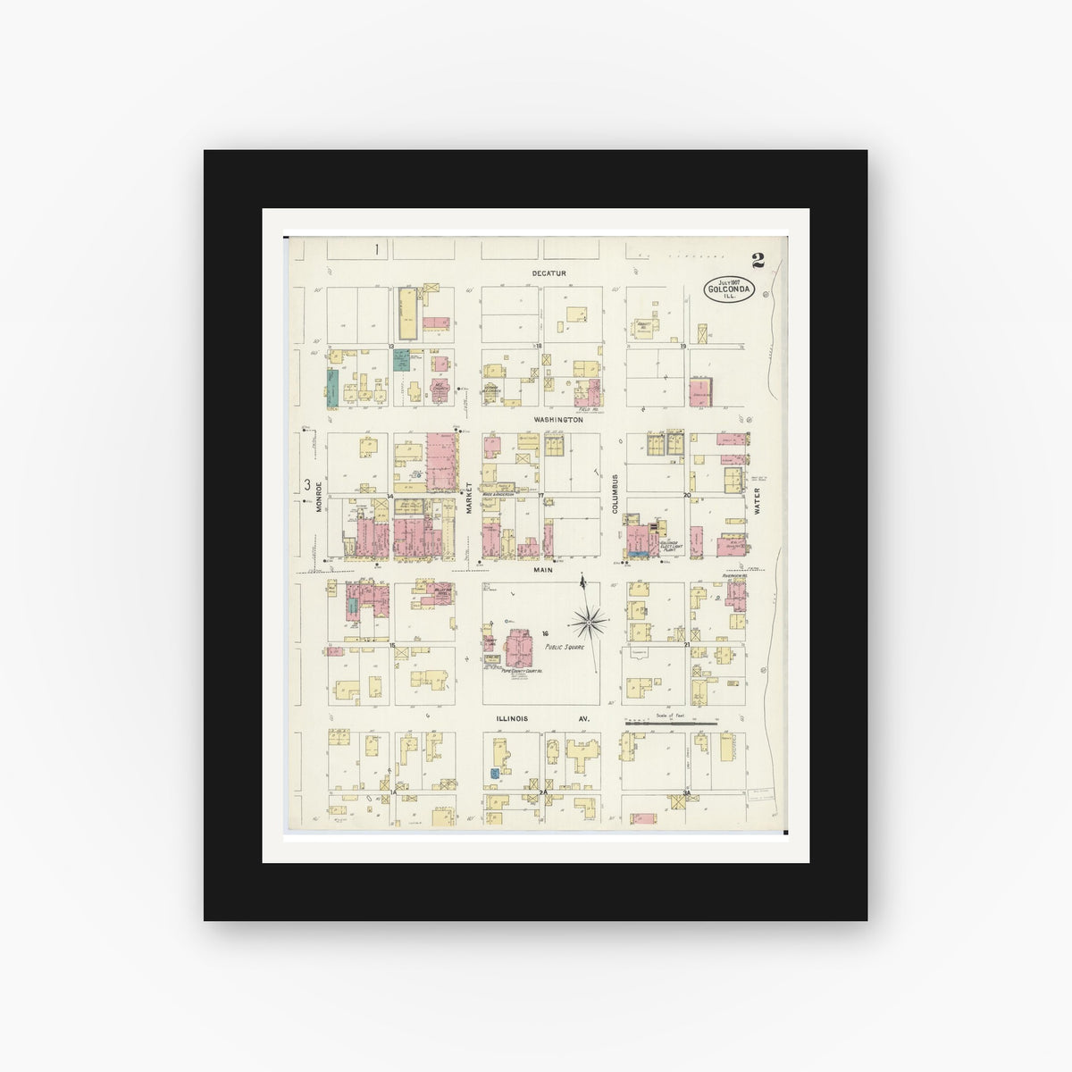 Old map wall art mockup — black gallery frame with white mat — Sanborn Fire Insurance Map from Golconda, Pope County, Illinois (1907), Sheet #0002
