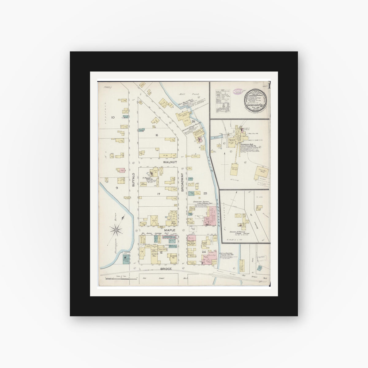 Old map wall art mockup — black gallery frame with white mat — Sanborn Fire Insurance Map from Sheboygan Falls, Sheboygan County, Wisconsin (1887) - Complete Map Set