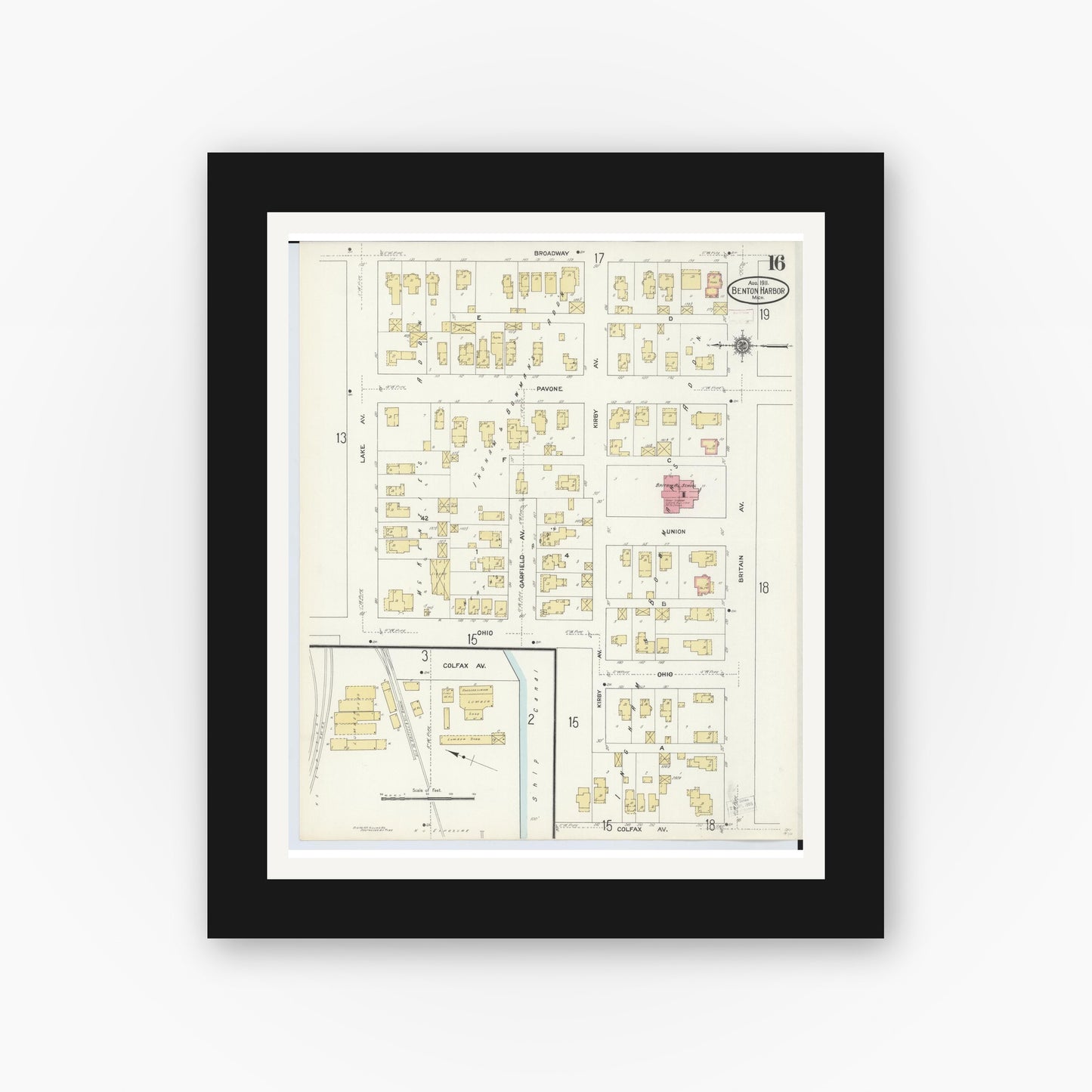 Old map wall art mockup — black gallery frame with white mat — Sanborn Fire Insurance Map from Benton Harbor, Berrien County, Michigan (1911), Sheet #0016