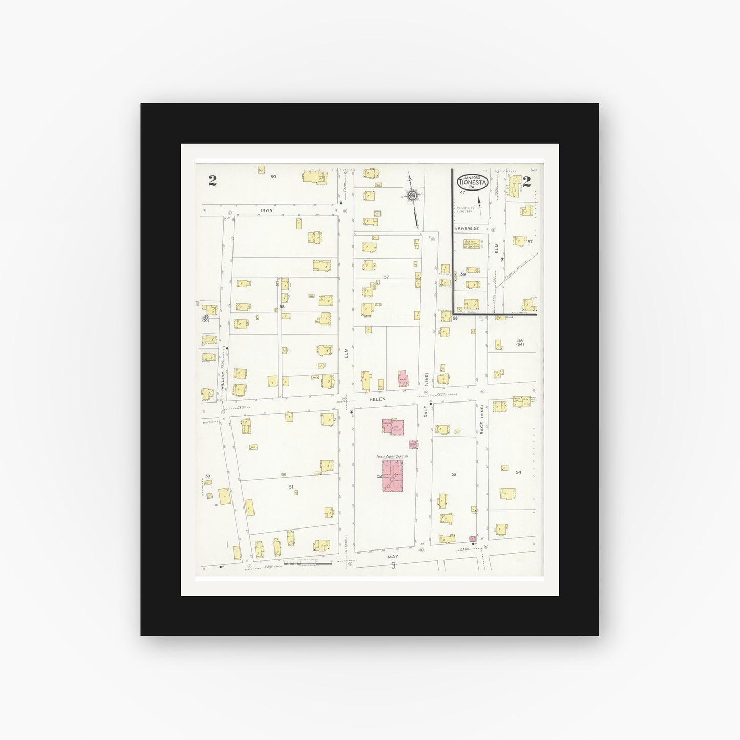 Old map wall art mockup — black gallery frame with white mat — Sanborn Fire Insurance Map from Tionesta, Forest County, Pennsylvania (1930), Sheet #0002
