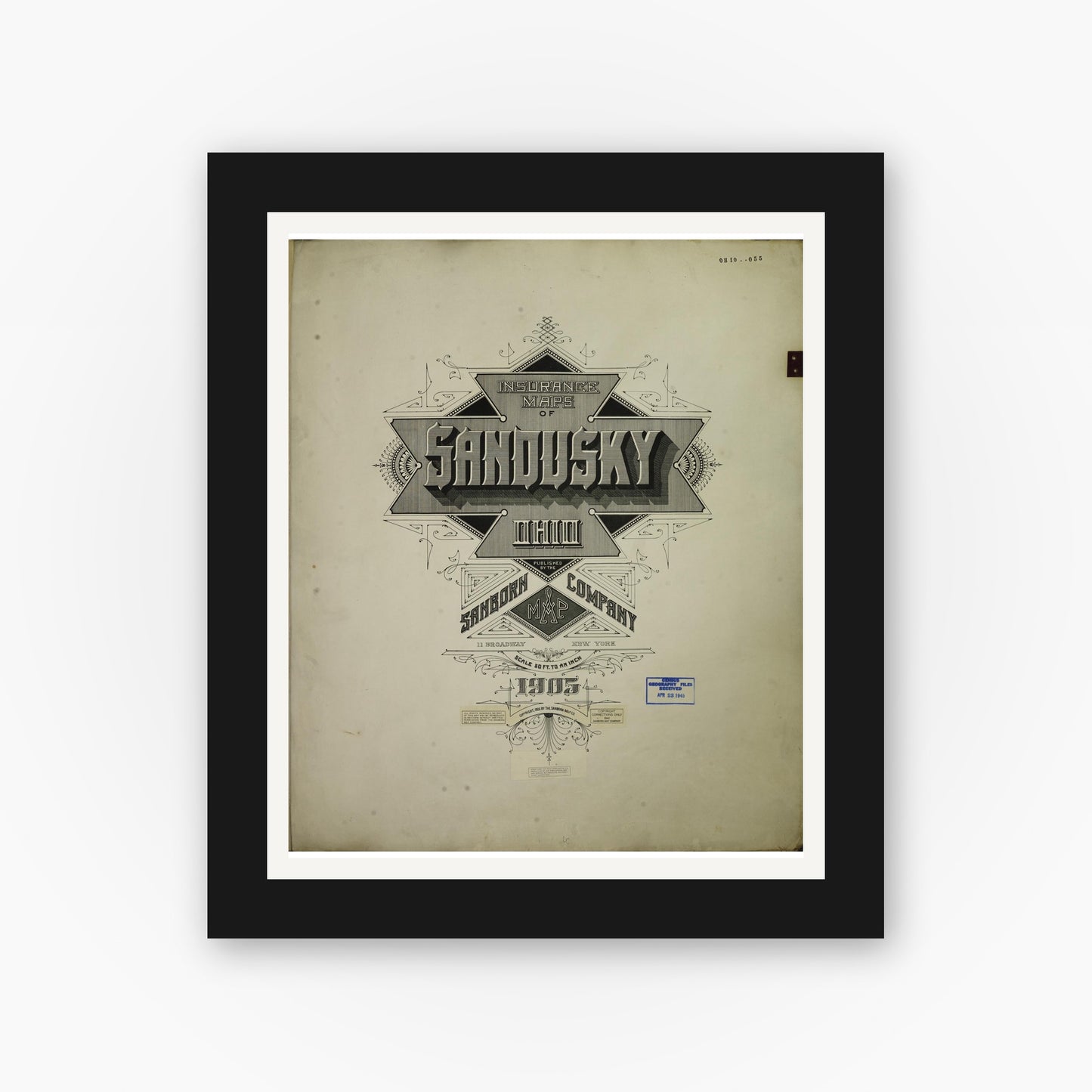 Old map wall art mockup — black gallery frame with white mat — Sanborn Fire Insurance Map from Sandusky, Erie County, Ohio (1950), Sheet #0001