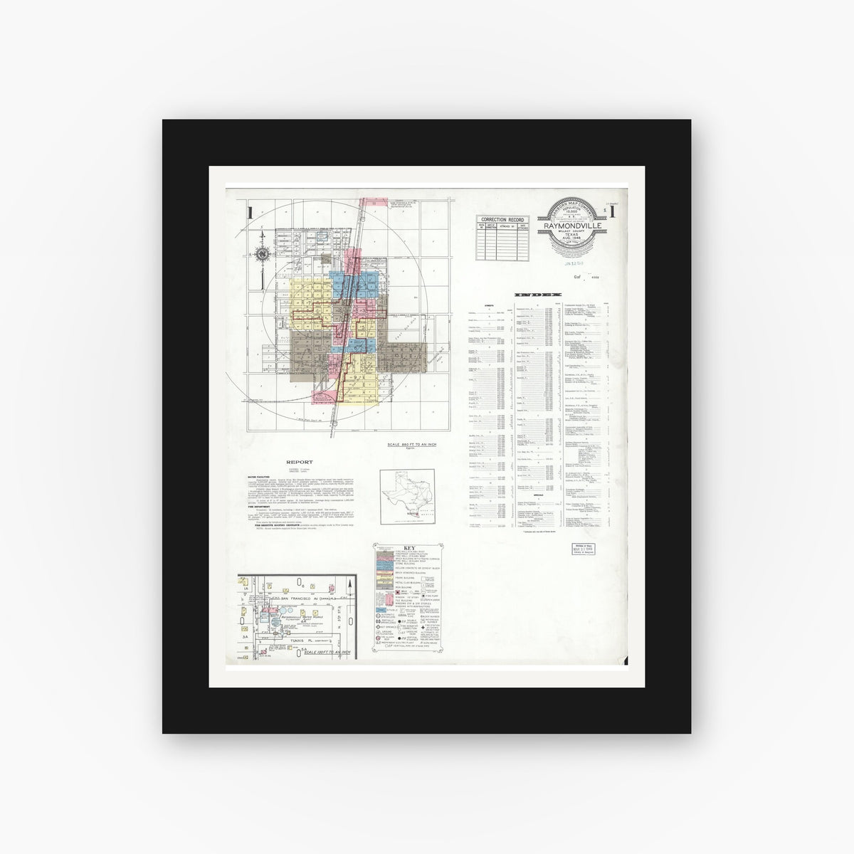 Old map wall art mockup — black gallery frame with white mat — Sanborn Fire Insurance Map from Raymondville, Willacy County, Texas (1948) - Complete Map Set