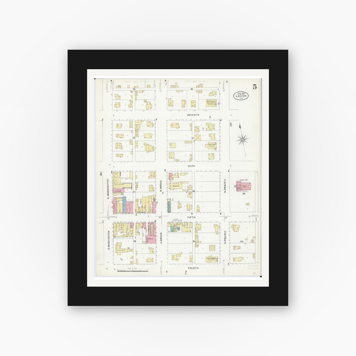 Old map wall art mockup — black gallery frame with white mat — Sanborn Fire Insurance Map from Lacon, Marshall County, Illinois (1907), Sheet #0005