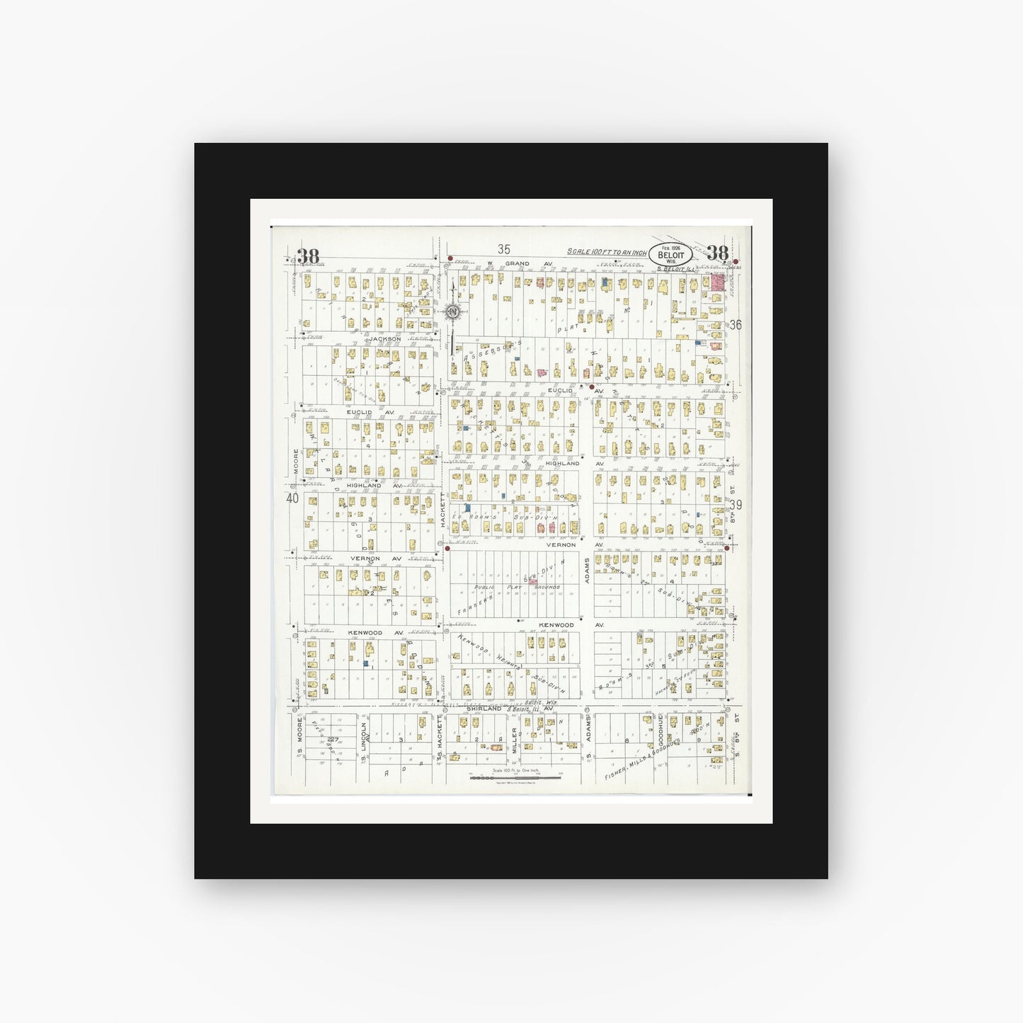 Old map wall art mockup — black gallery frame with white mat — Sanborn Fire Insurance Map from Beloit, Rock County, Wisconsin (1926), Sheet #0038