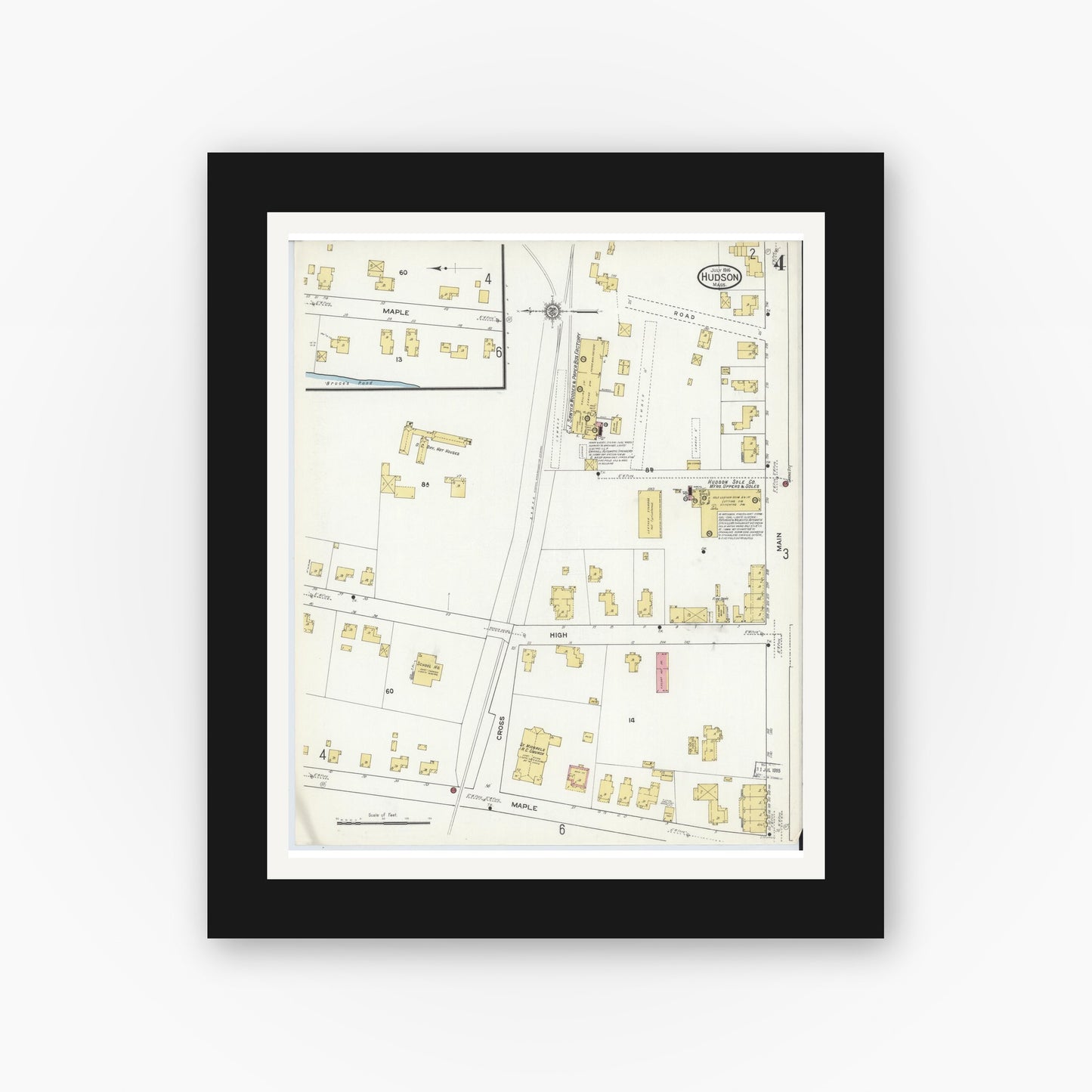 Old map wall art mockup — black gallery frame with white mat — Sanborn Fire Insurance Map from Hudson, Middlesex County, Massachusetts (1916), Sheet #0004