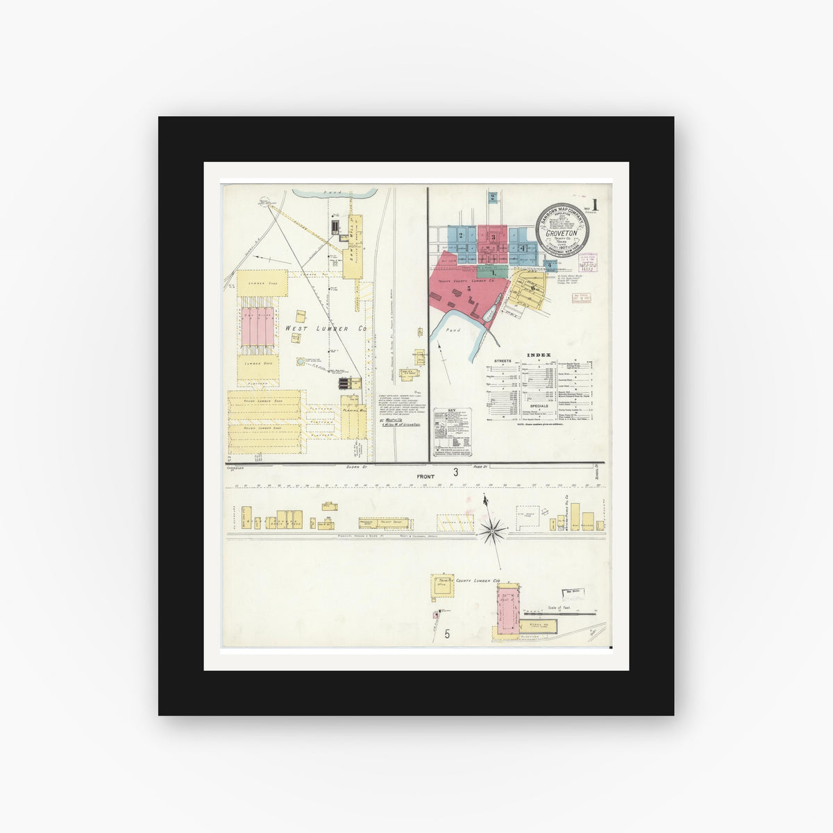 Old map wall art mockup — black gallery frame with white mat — Sanborn Fire Insurance Map from Groveton, Trinity County, Texas (1907) - Complete Map Set