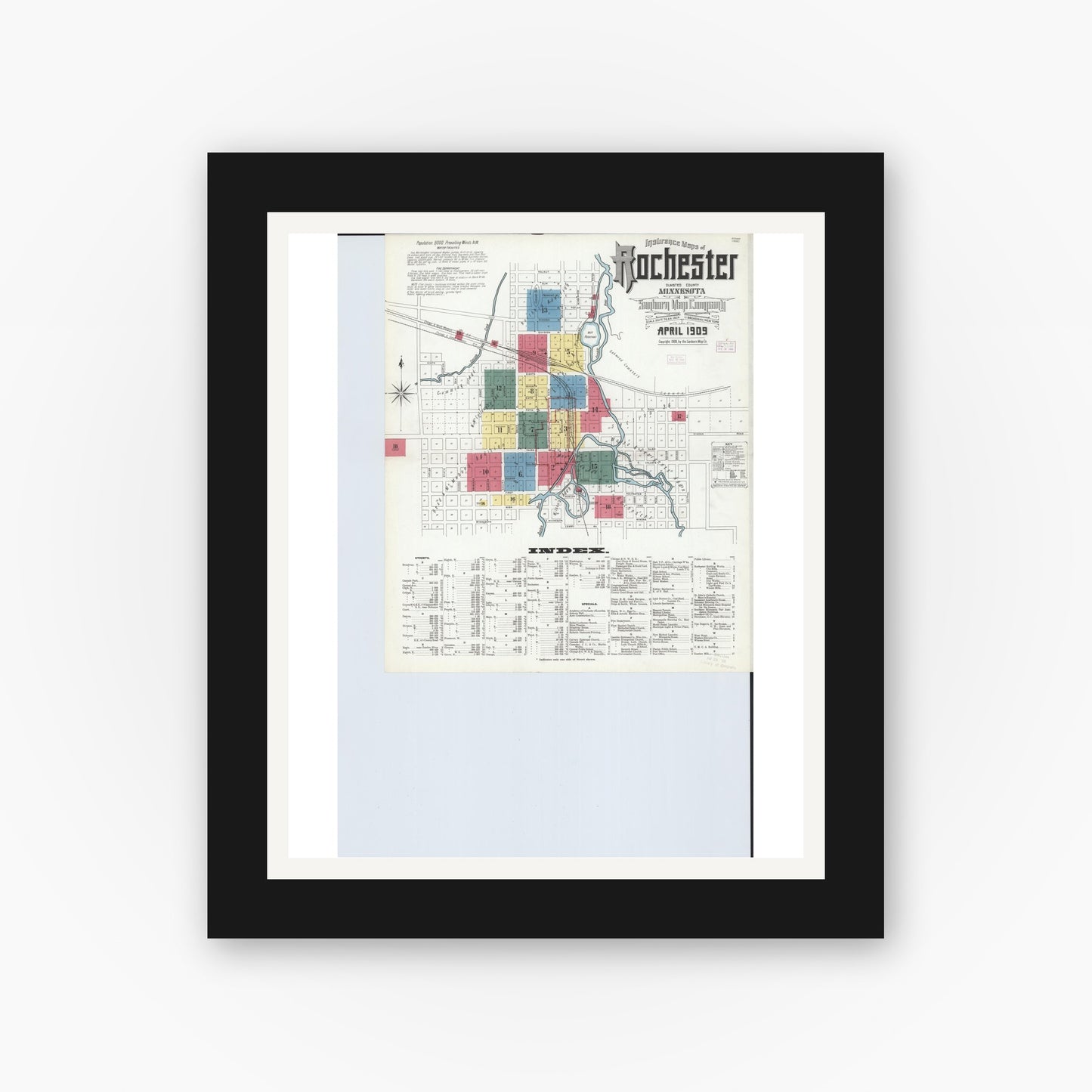 Old map wall art mockup — black gallery frame with white mat — Sanborn Fire Insurance Map from Rochester, Olmsted County, Minnesota (1909) - Complete Map Set