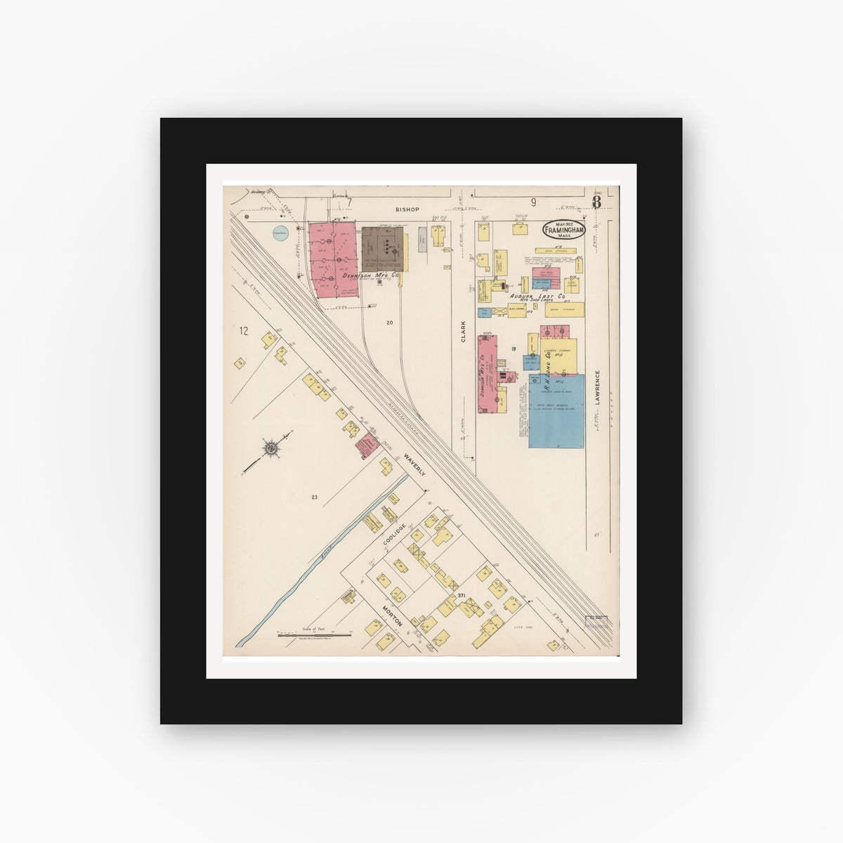 Old map wall art mockup — black gallery frame with white mat — Sanborn Fire Insurance Map from Framingham, Middlesex County, Massachusetts (1922), Sheet #0008