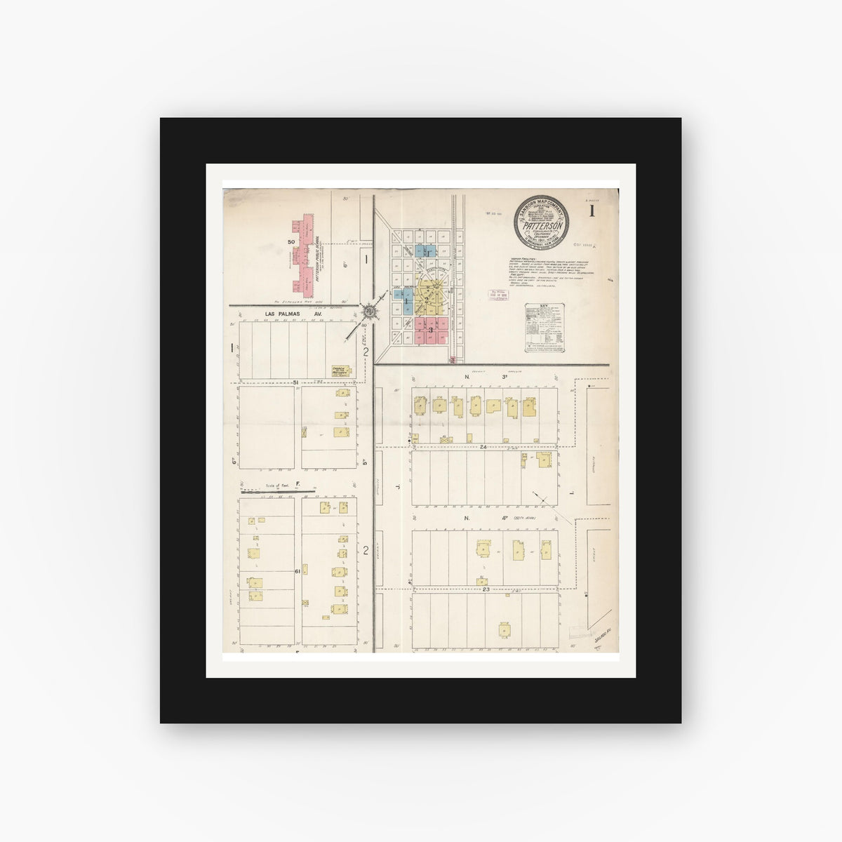 Old map wall art mockup — black gallery frame with white mat — Sanborn Fire Insurance Map from Patterson, Stanislaus County, California (1911) - Complete Map Set