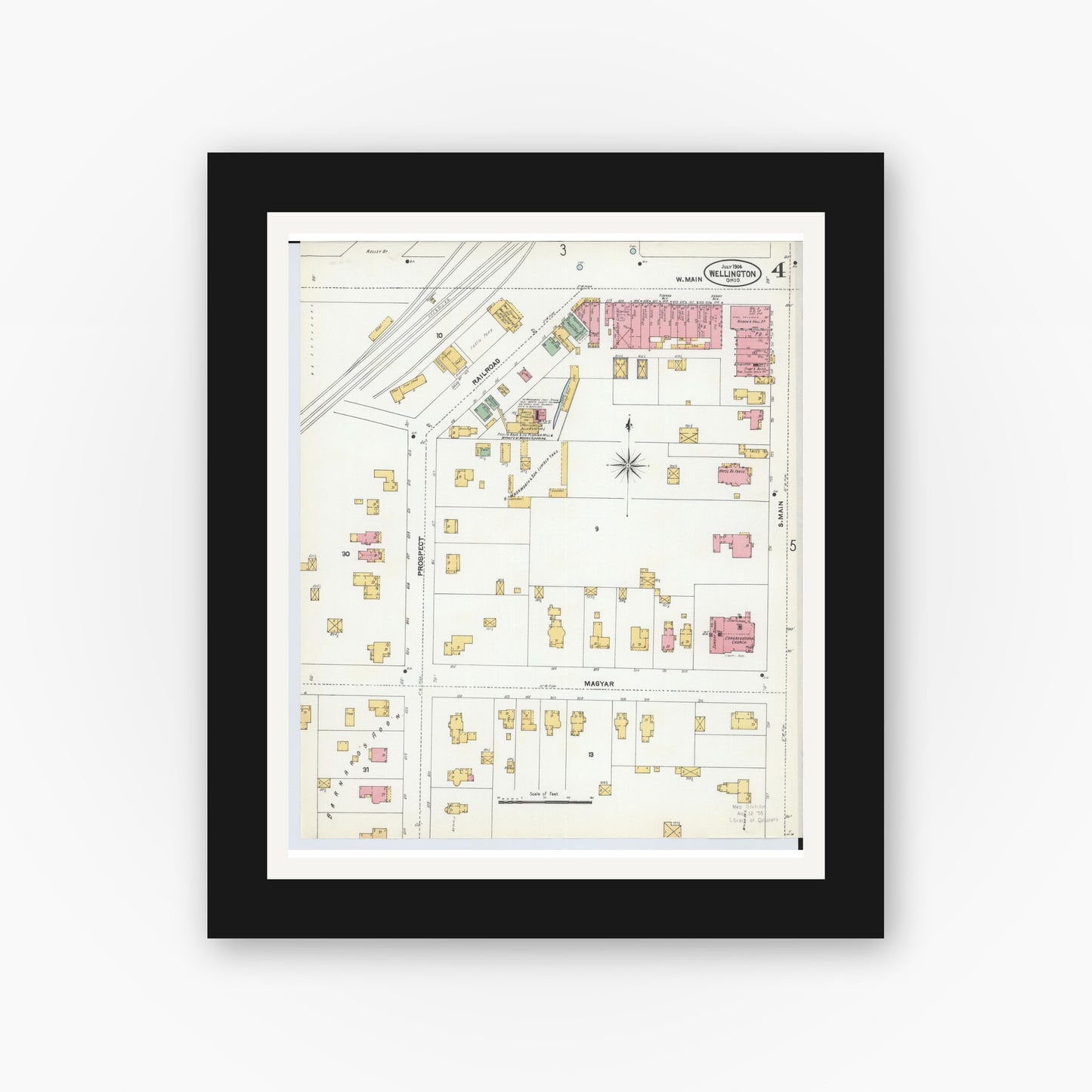 Old map wall art mockup — black gallery frame with white mat — Sanborn Fire Insurance Map from Wellington, Lorain County, Ohio (1904), Sheet #0004