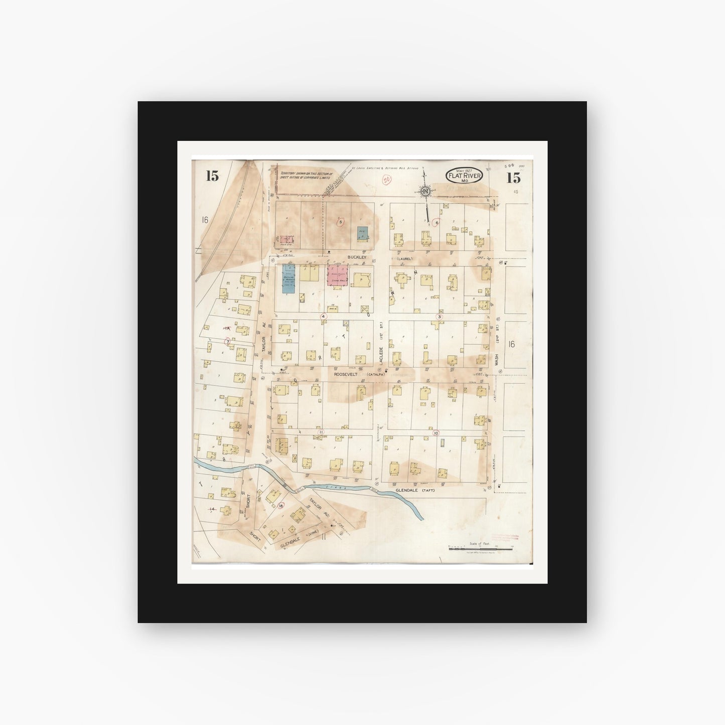 Old map wall art mockup — black gallery frame with white mat — Sanborn Fire Insurance Map from Flat River, Saint Francois County, Missouri (1938), Sheet #0015