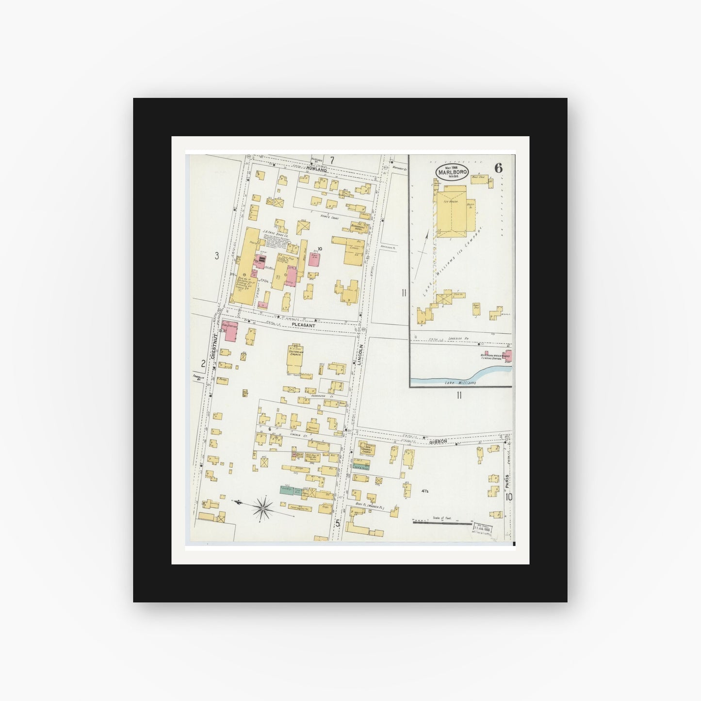 Old map wall art mockup — black gallery frame with white mat — Sanborn Fire Insurance Map from Marlborough, Middlesex County, Massachusetts (1906), Sheet #0006