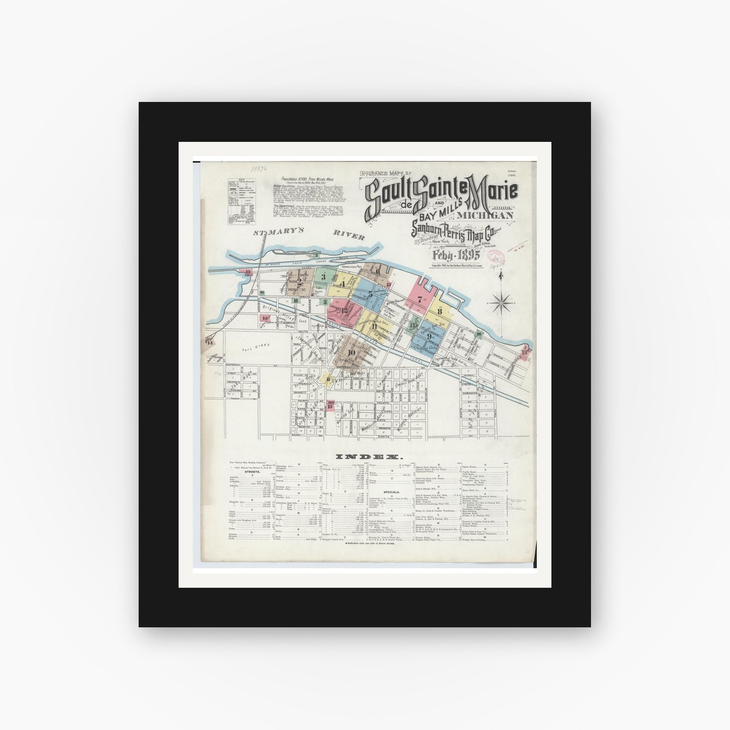 Old map wall art mockup — black gallery frame with white mat — Sanborn Fire Insurance Map from Sault Sainte Marie, Chippewa County, Michigan (1895), Sheet #0001