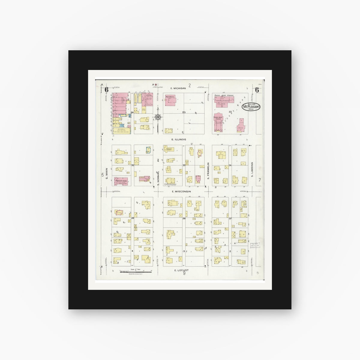 Old map wall art mockup — black gallery frame with white mat — Sanborn Fire Insurance Map from Mount Pleasant, Isabella County, Michigan (1924), Sheet #0006
