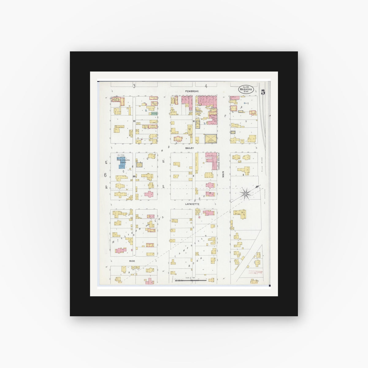 Old map wall art mockup — black gallery frame with white mat — Sanborn Fire Insurance Map from Wabasha, Wabasha County, Minnesota (1902), Sheet #0005