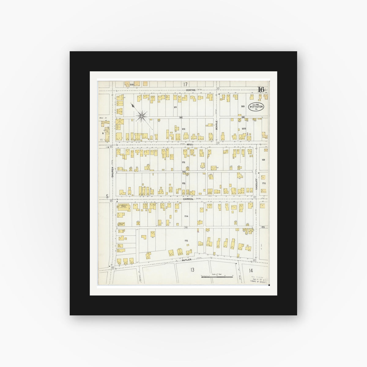 Old map wall art mockup — black gallery frame with white mat — Sanborn Fire Insurance Map from Pittston, Luzerne County, Pennsylvania (1903), Sheet #0016