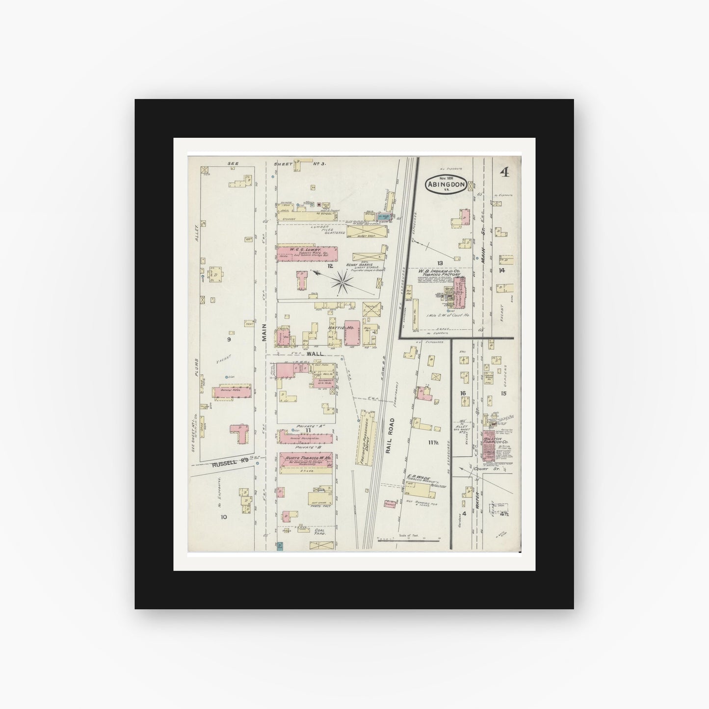 Old map wall art mockup — black gallery frame with white mat — Sanborn Fire Insurance Map from Abingdon, Washington County, Virginia (1891), Sheet #0004