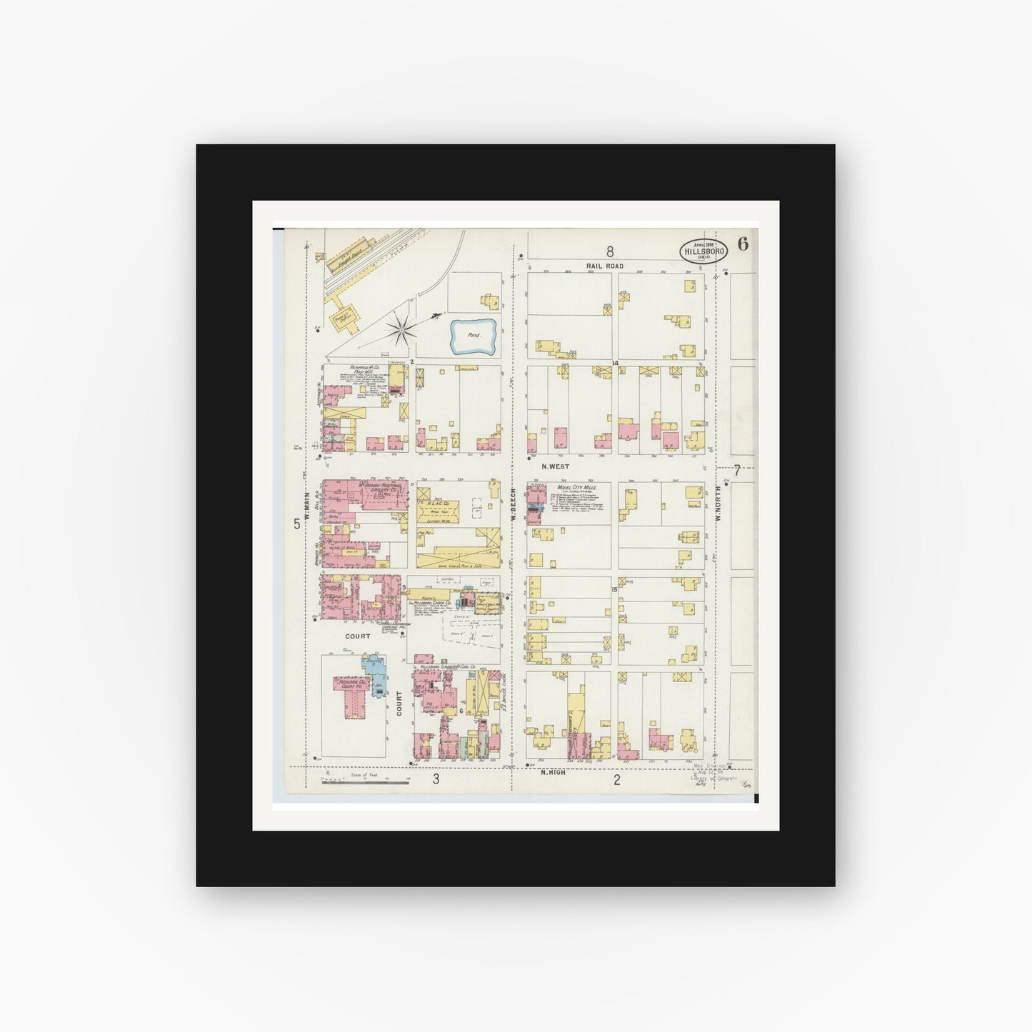 Old map wall art mockup — black gallery frame with white mat — Sanborn Fire Insurance Map from Hillsboro, Highland County, Ohio (1898), Sheet #0006
