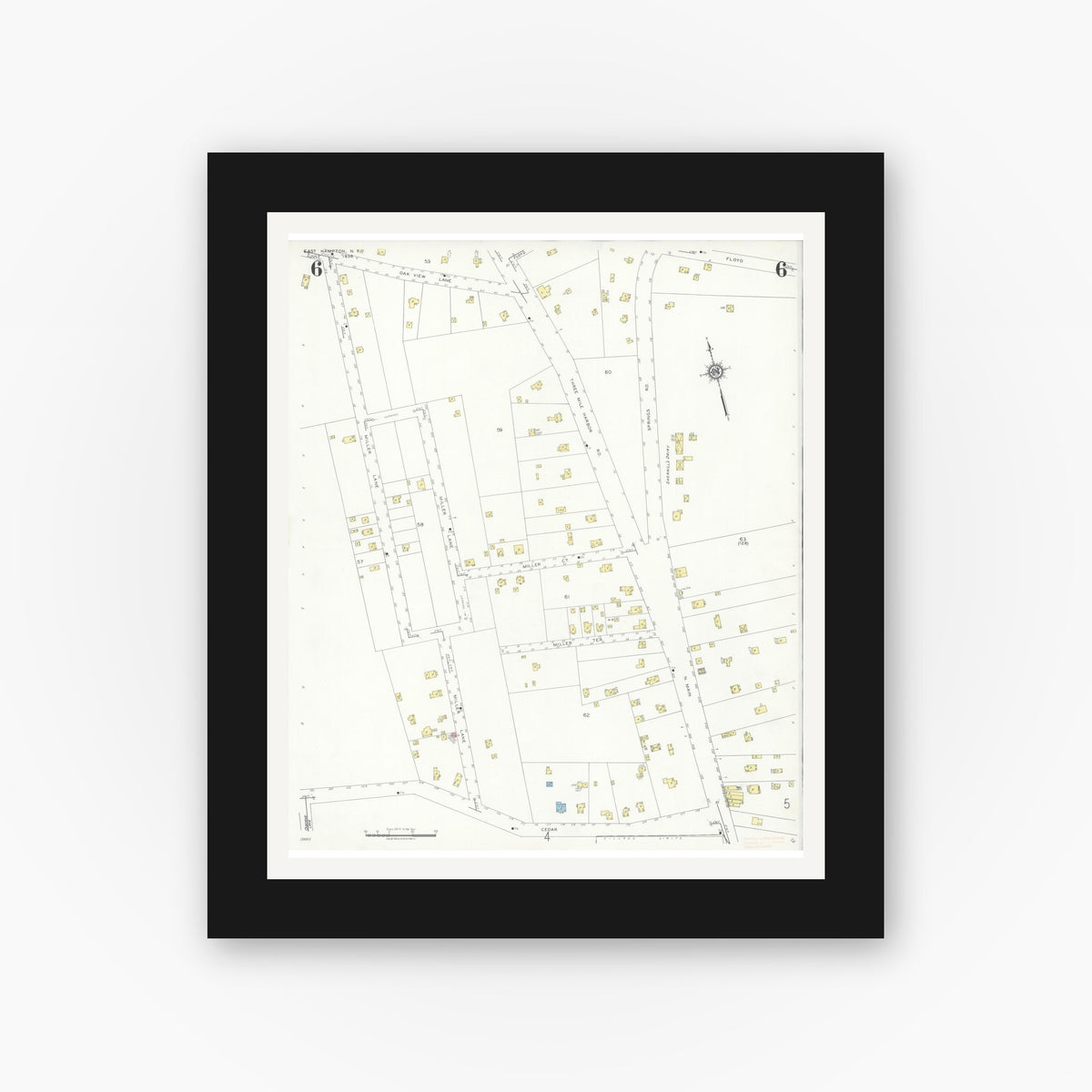Old map wall art mockup — black gallery frame with white mat — Sanborn Fire Insurance Map from Easthampton, Suffolk County, New York (1936), Sheet #0006