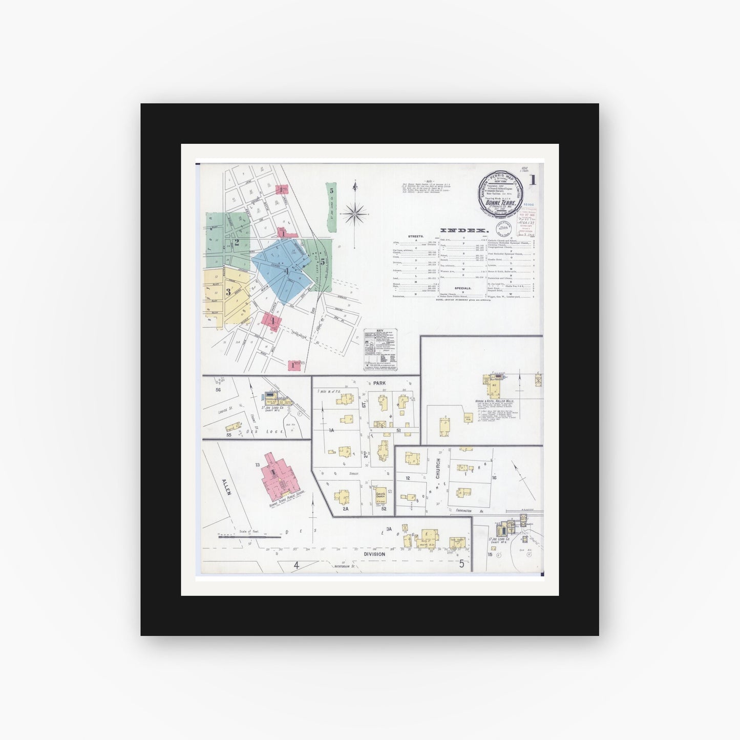 Old map wall art mockup — black gallery frame with white mat — Sanborn Fire Insurance Map from Bonne Terre, Saint Francois County, Missouri (1900) - Complete Map Set