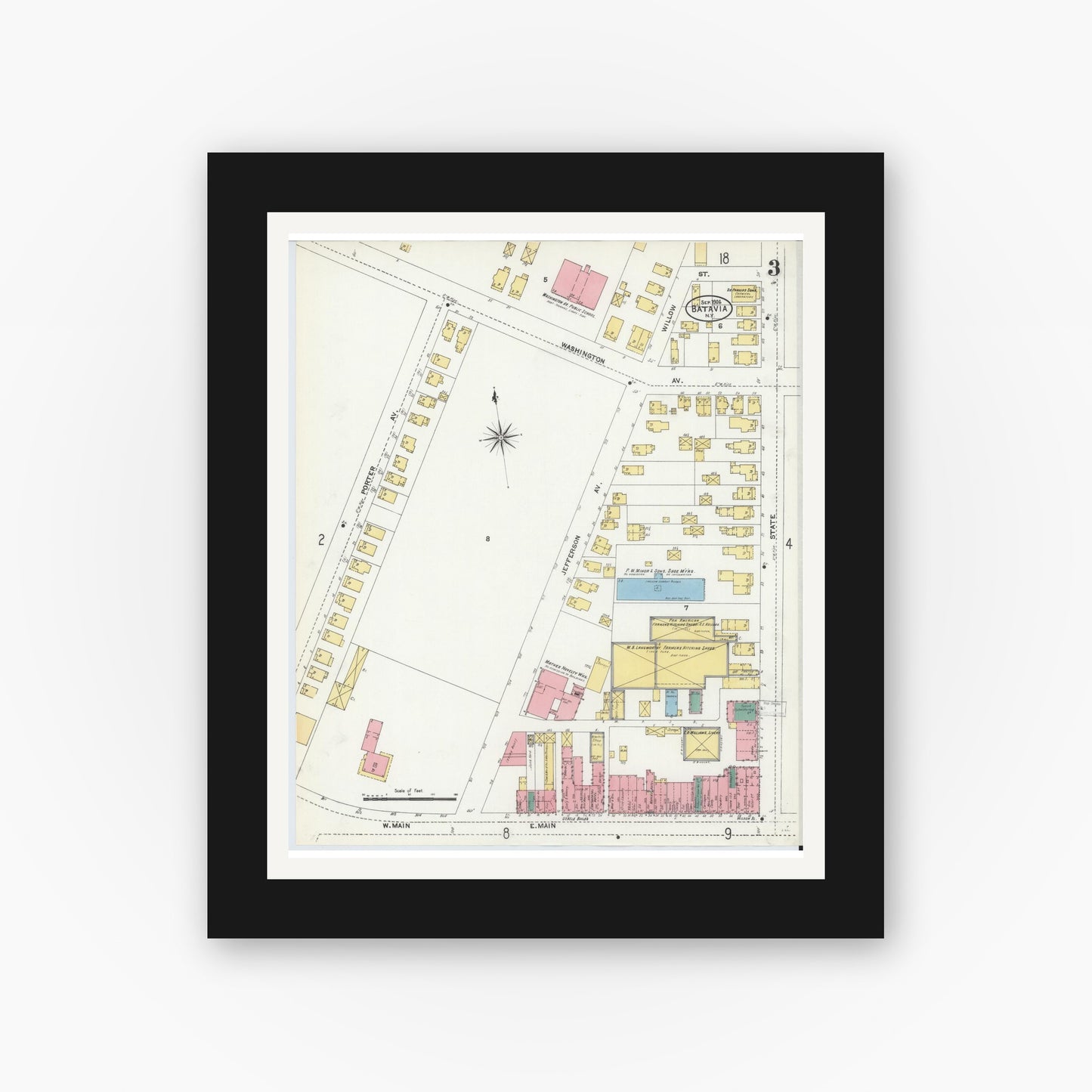 Old map wall art mockup — black gallery frame with white mat — Sanborn Fire Insurance Map from Batavia, Genesee County, New York (1906), Sheet #0003