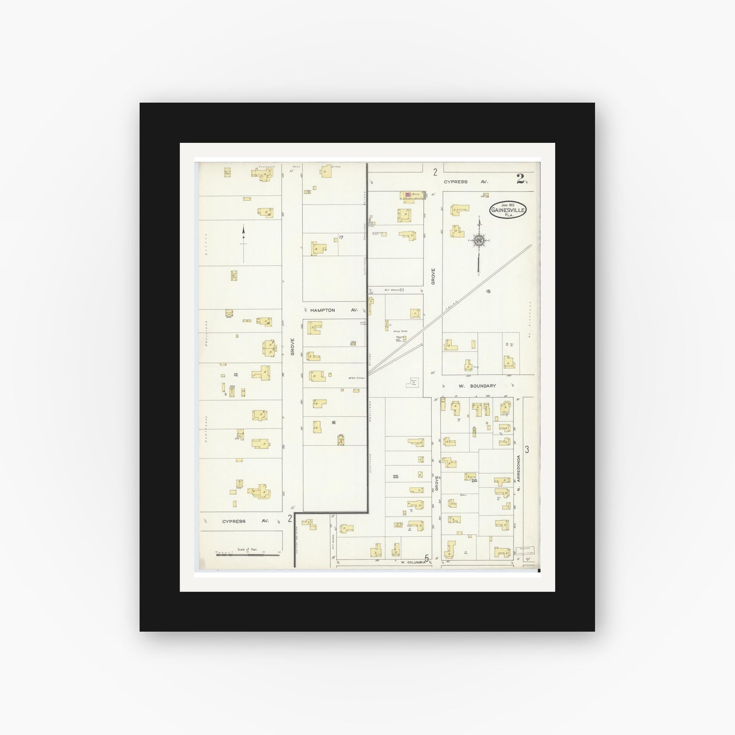 Old map wall art mockup — black gallery frame with white mat — Sanborn Fire Insurance Map from Gainesville, Alachua County, Florida (1913), Sheet #0002