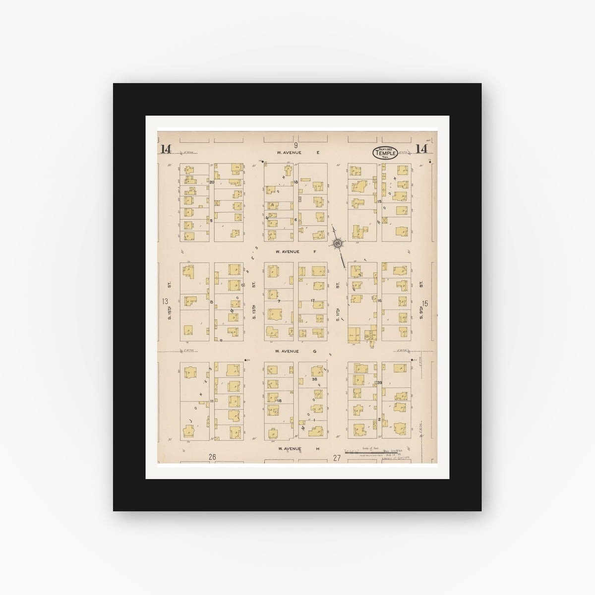 Old map wall art mockup — black gallery frame with white mat — Sanborn Fire Insurance Map from Temple, Bell County, Texas (1922), Sheet #0014