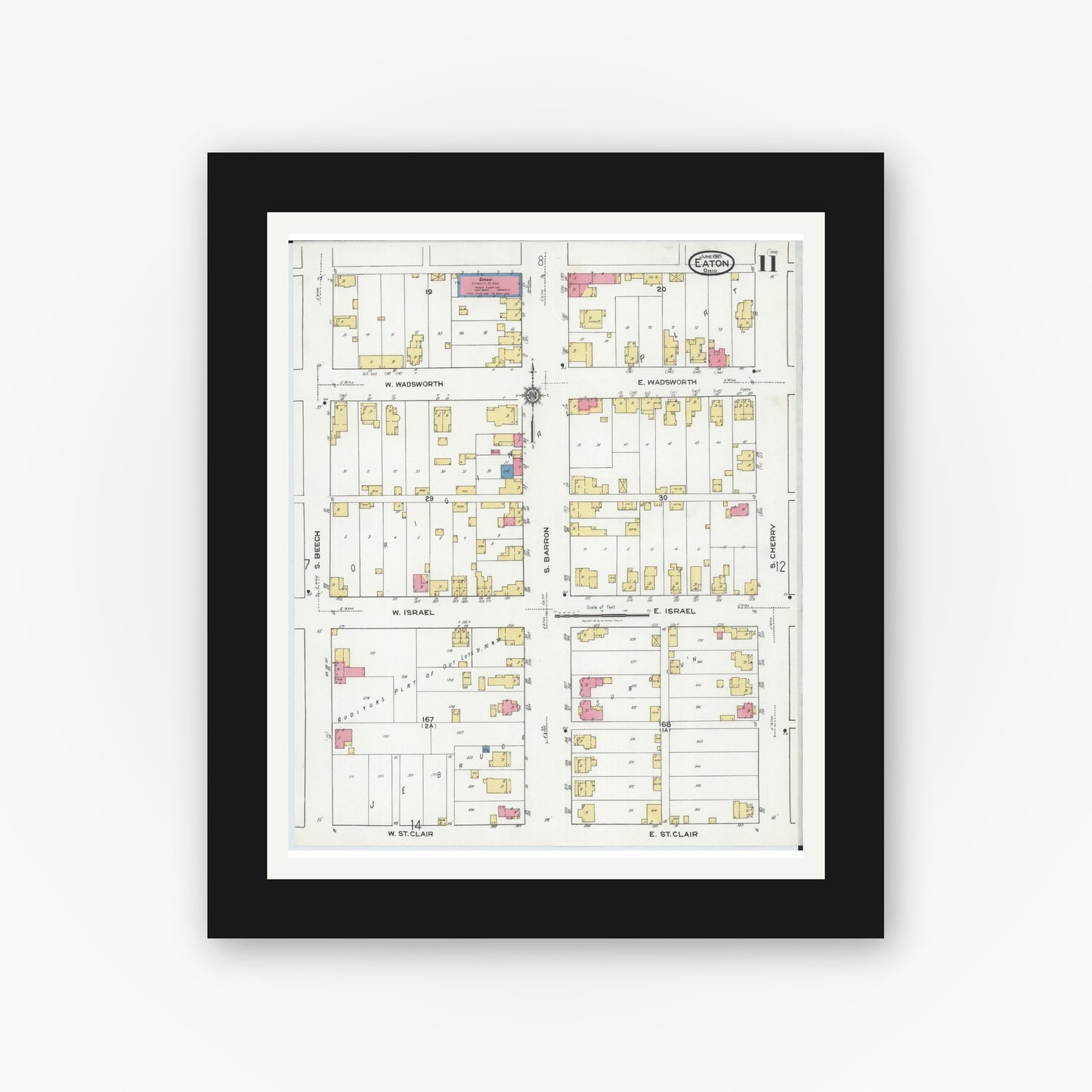 Old map wall art mockup — black gallery frame with white mat — Sanborn Fire Insurance Map from Eaton, Preble County, Ohio (1921), Sheet #0011