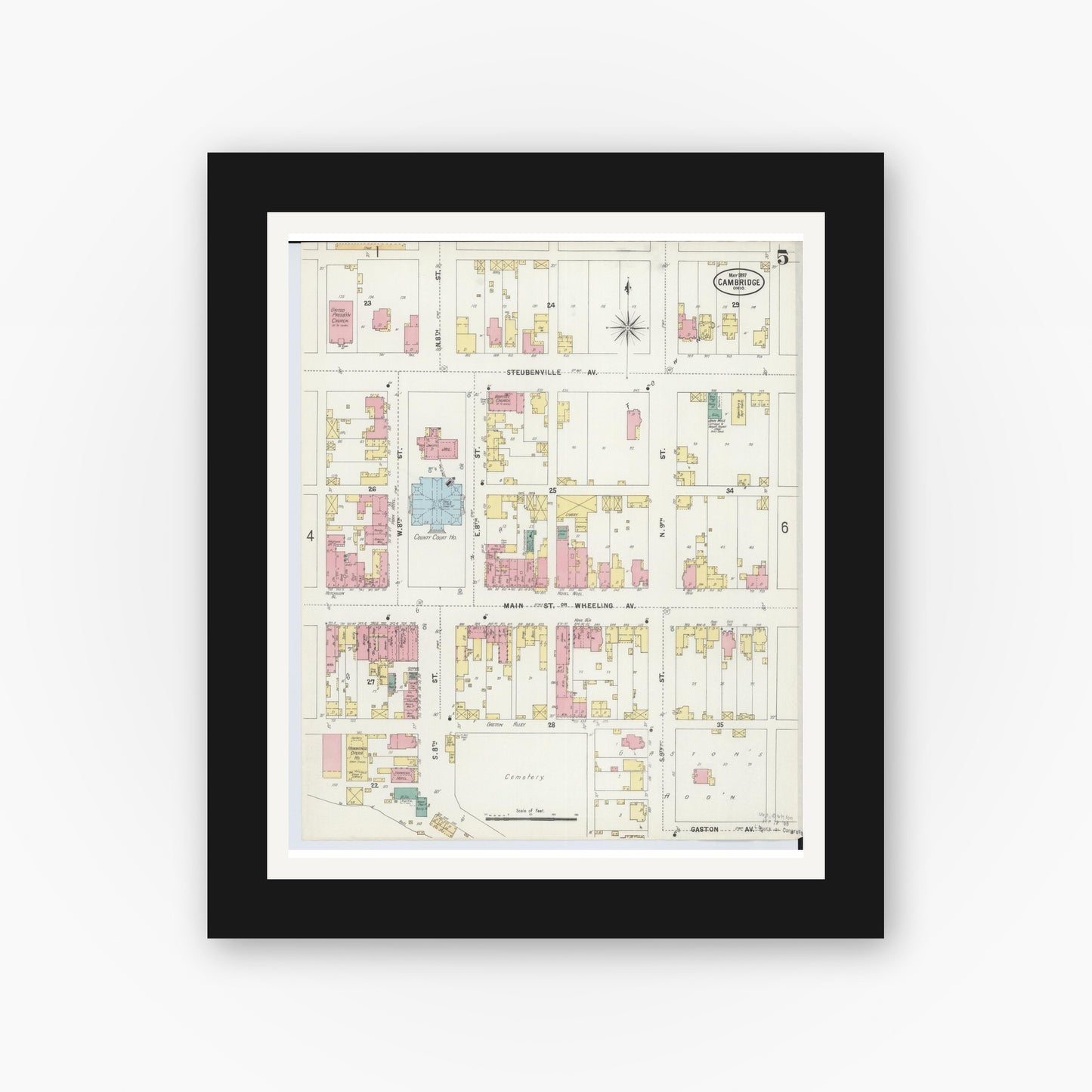 Old map wall art mockup — black gallery frame with white mat — Sanborn Fire Insurance Map from Cambridge, Guernsey County, Ohio (1897), Sheet #0005
