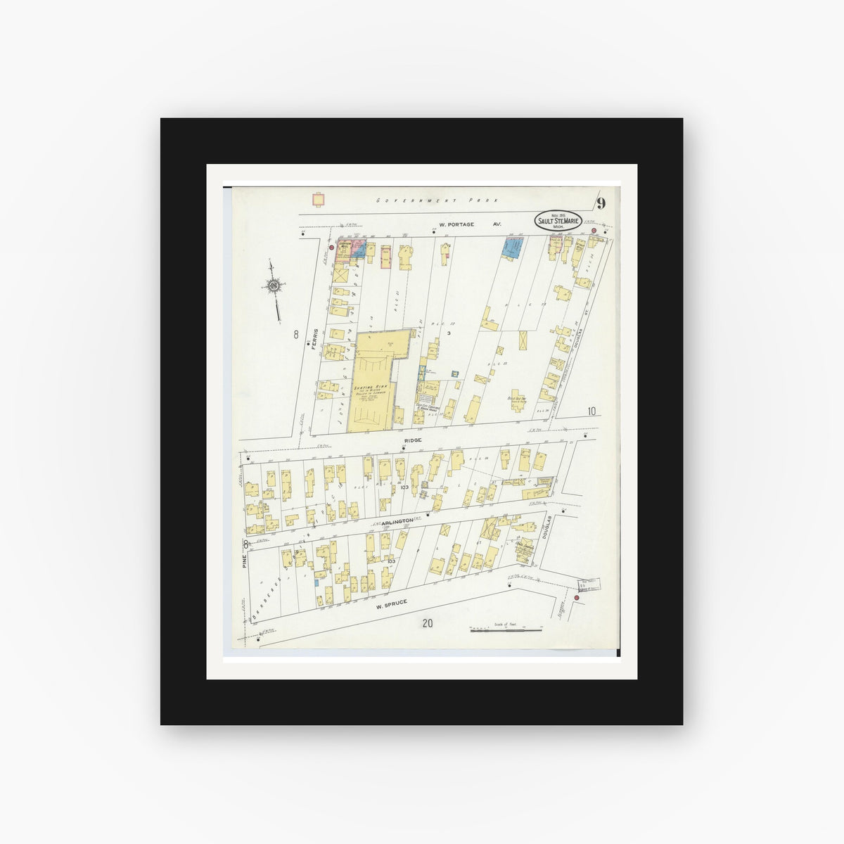 Old map wall art mockup — black gallery frame with white mat — Sanborn Fire Insurance Map from Sault Sainte Marie, Chippewa County, Michigan (1915), Sheet #0009