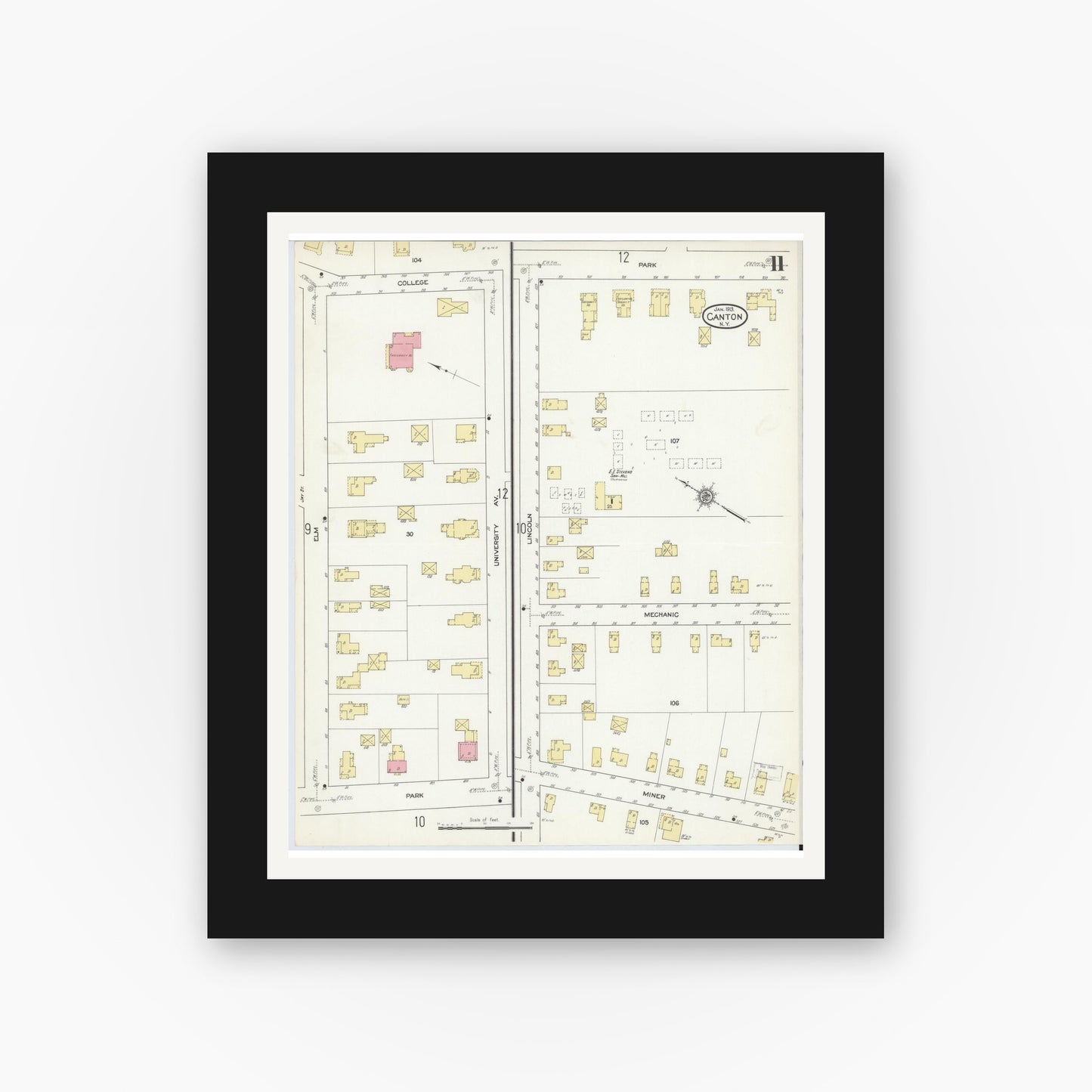Old map wall art mockup — black gallery frame with white mat — Sanborn Fire Insurance Map from Canton, St. Lawrence County, New York (1913), Sheet #0011