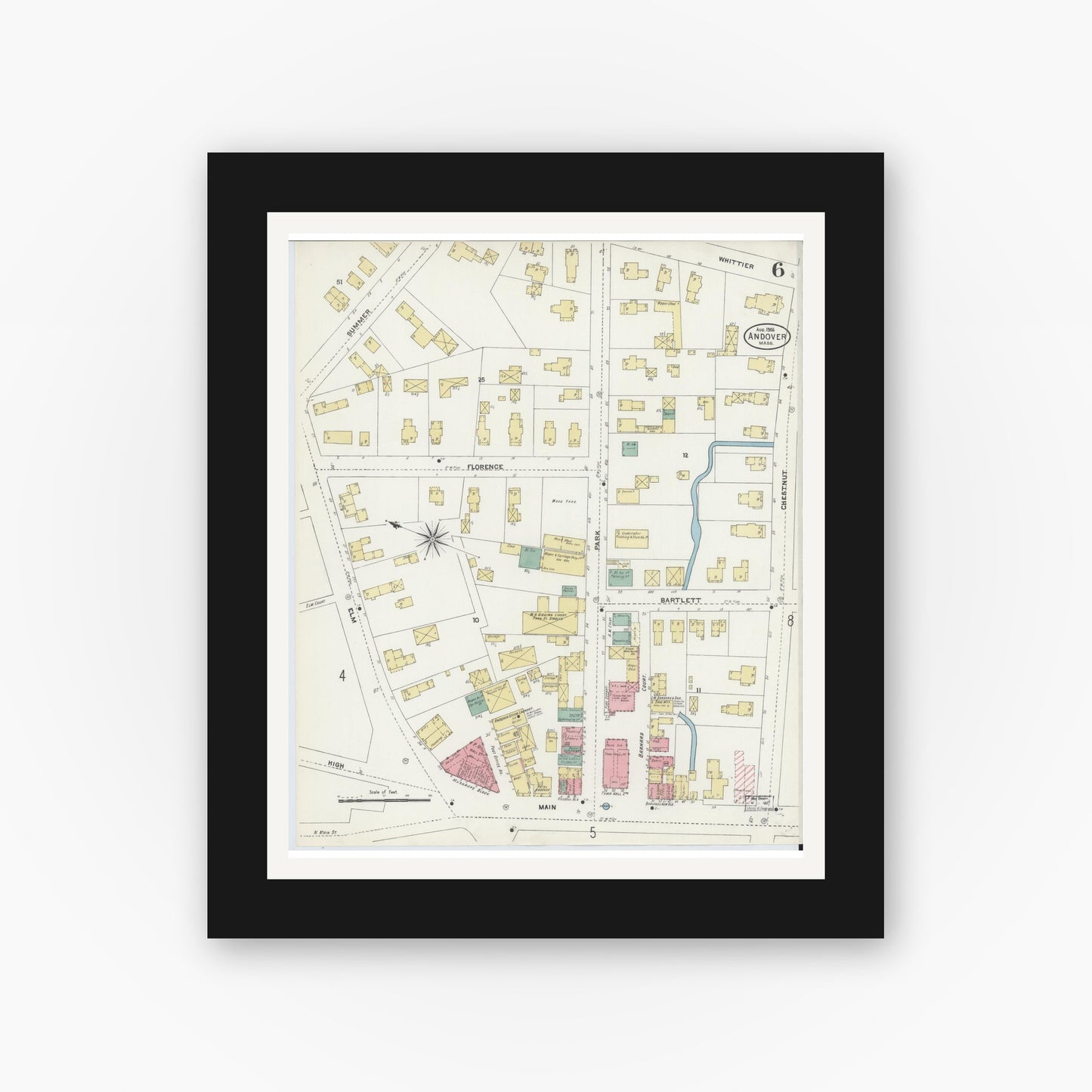 Old map wall art mockup — black gallery frame with white mat — Sanborn Fire Insurance Map from Andover, Essex County, Massachusetts (1906), Sheet #0006