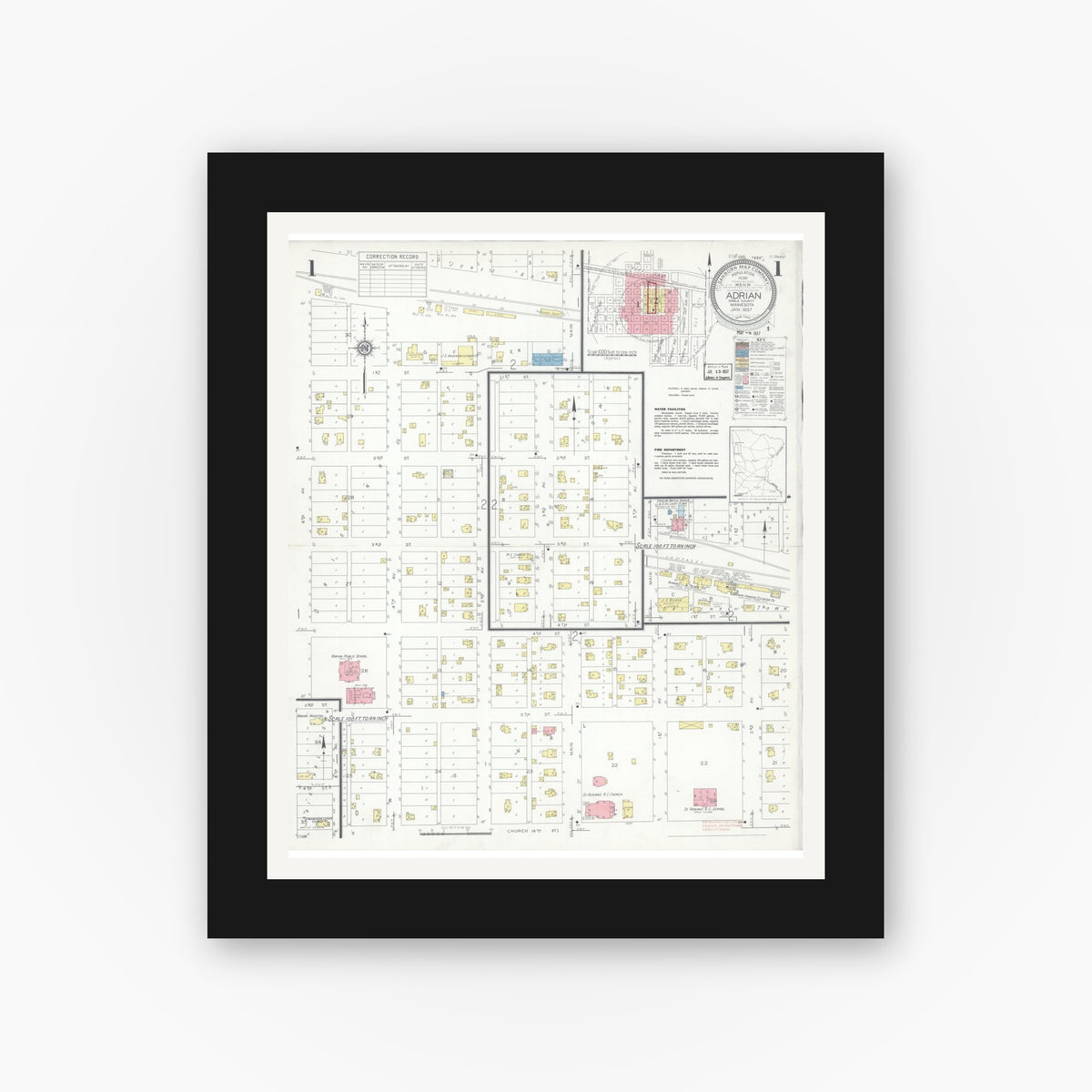Old map wall art mockup — black gallery frame with white mat — Sanborn Fire Insurance Map from Adrian, Nobles County, Minnesota (1937), Sheet #0001