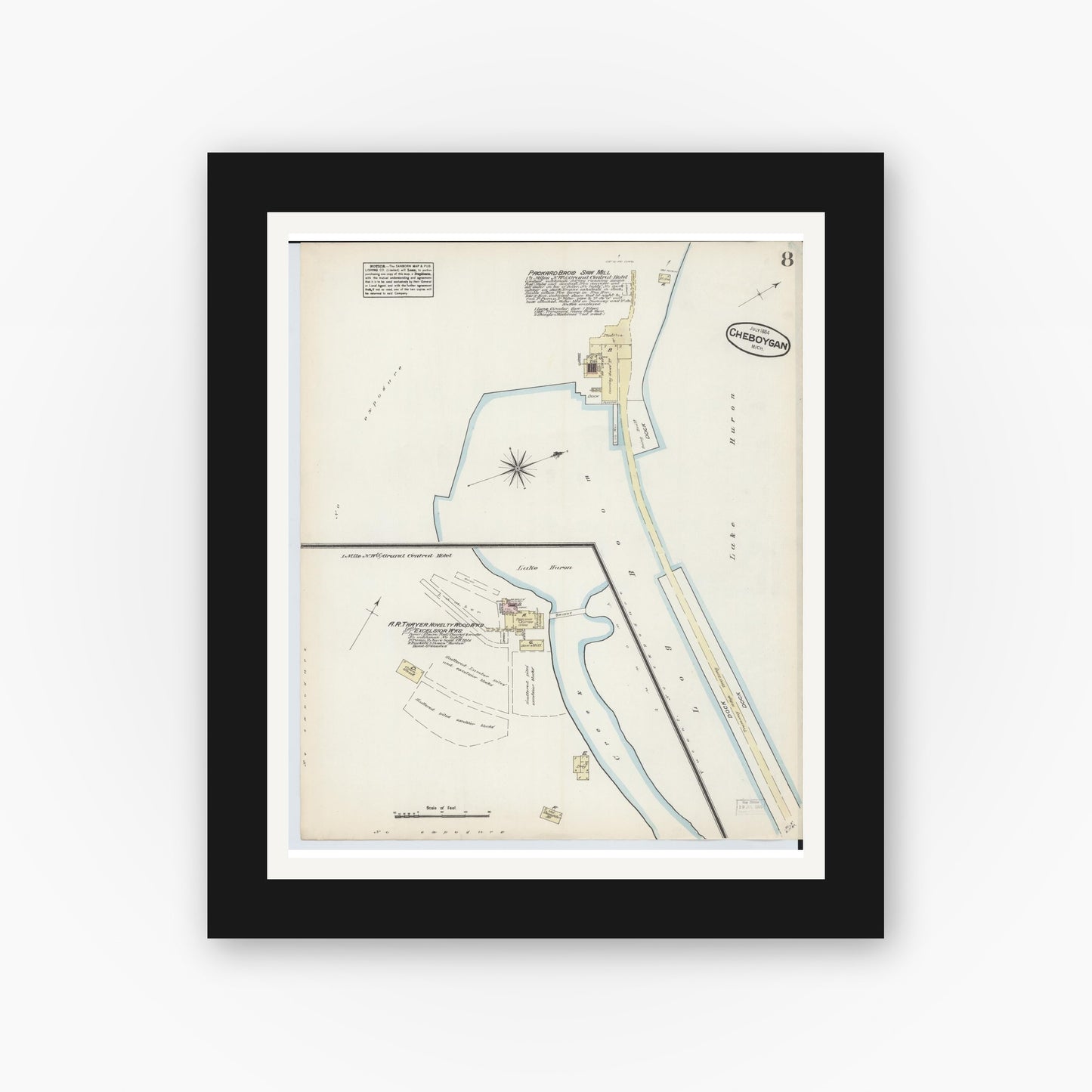 Old map wall art mockup — black gallery frame with white mat — Sanborn Fire Insurance Map from Cheboygan, Cheboygan County, Michigan (1884), Sheet #0008