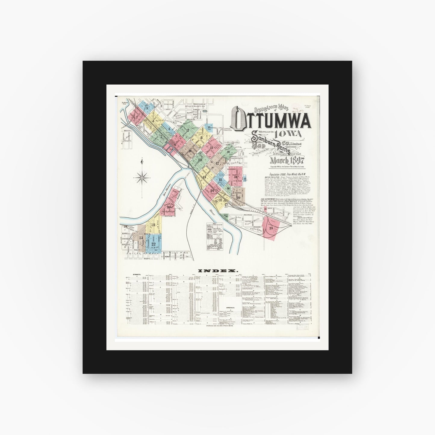 Old map wall art mockup β black gallery frame with white mat β Sanborn Fire Insurance Map from Ottumwa, Wapello County, Iowa (1897), Sheet #0001