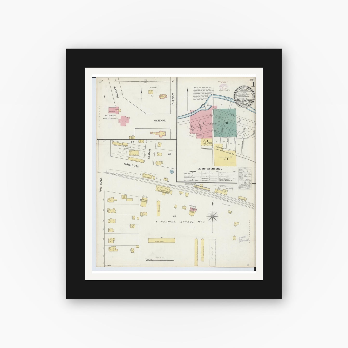 Old map wall art mockup — black gallery frame with white mat — Sanborn Fire Insurance Map from Williamston, Ingham County, Michigan (1893), Sheet #0001
