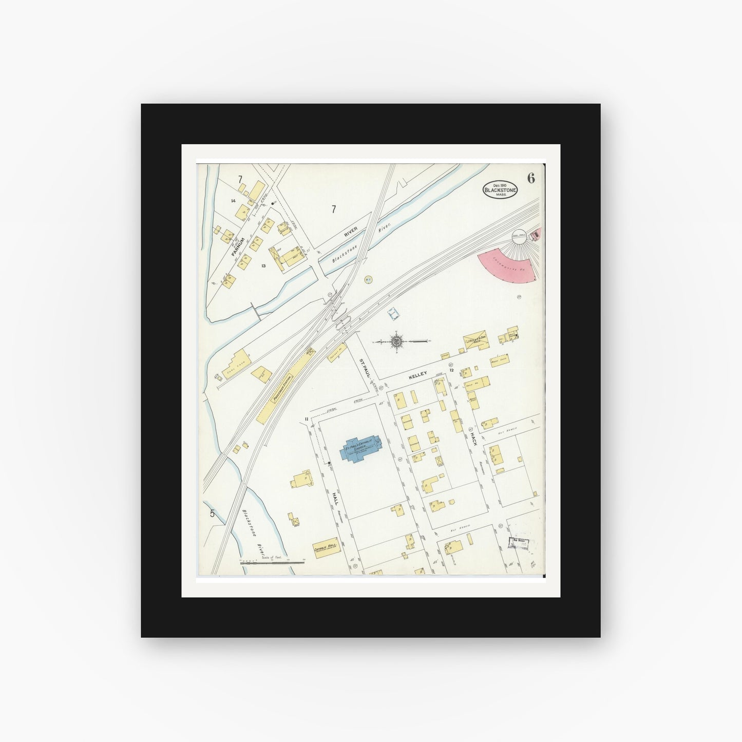 Old map wall art mockup — black gallery frame with white mat — Sanborn Fire Insurance Map from Blackstone, Worcester County, Massachusetts (1910), Sheet #0006